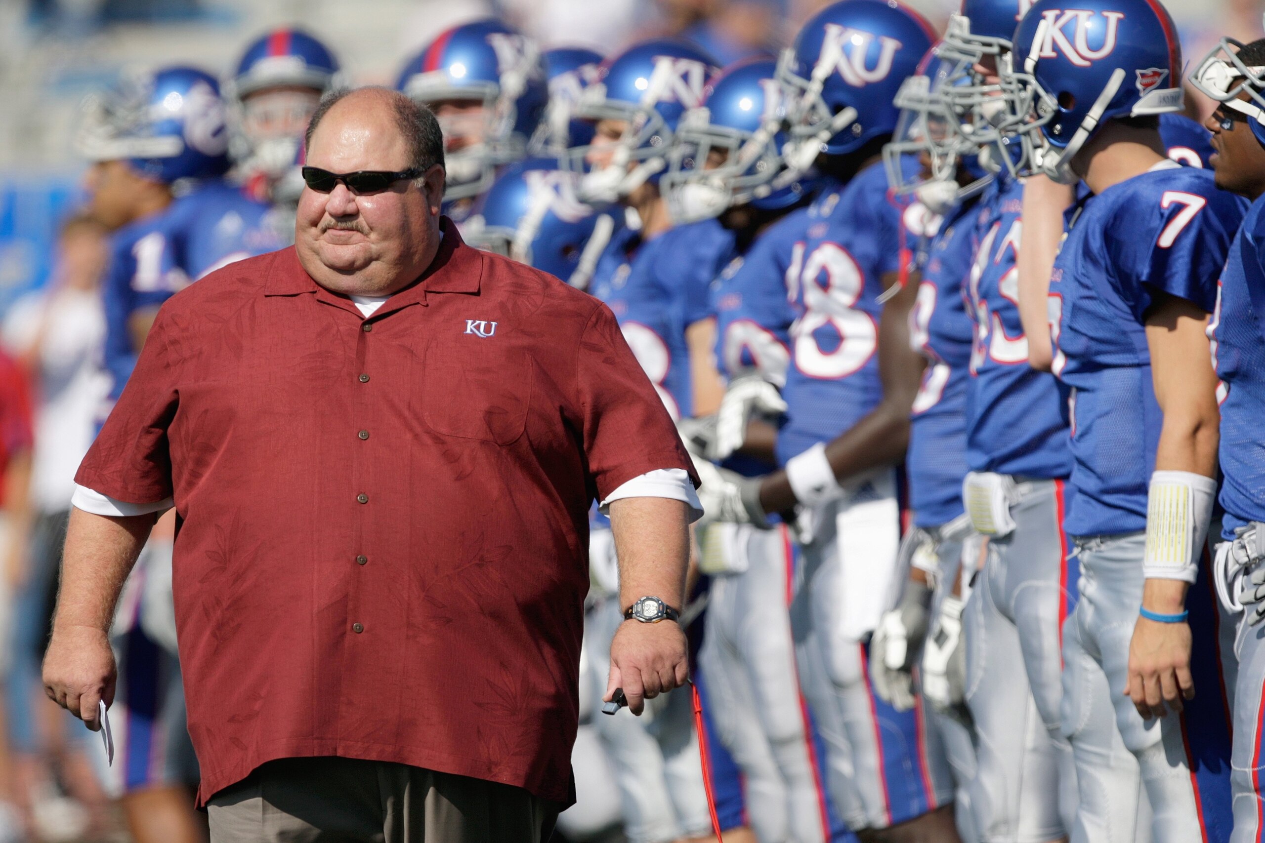 LAWRENCE, KS - SEPTEMBER 19: Head coach Mark Mangino of the Kansas Jayhawks walk on the field before the game against the Duke Blue Devils on Kivisto Field at Memorial Stadium on September 19, 2009 in Lawrence, Kansas. (Photo by Jamie Squire/Getty Images LAWRENCE, KS - SEPTEMBER 19: Head coach Mark Mangino of the Kansas Jayhawks walk on the field before the game against the Duke Blue Devils on Kivisto Field at Memorial Stadium on September 19, 2009 in Lawrence, Kansas. (Photo by Jamie Squire/Getty Images