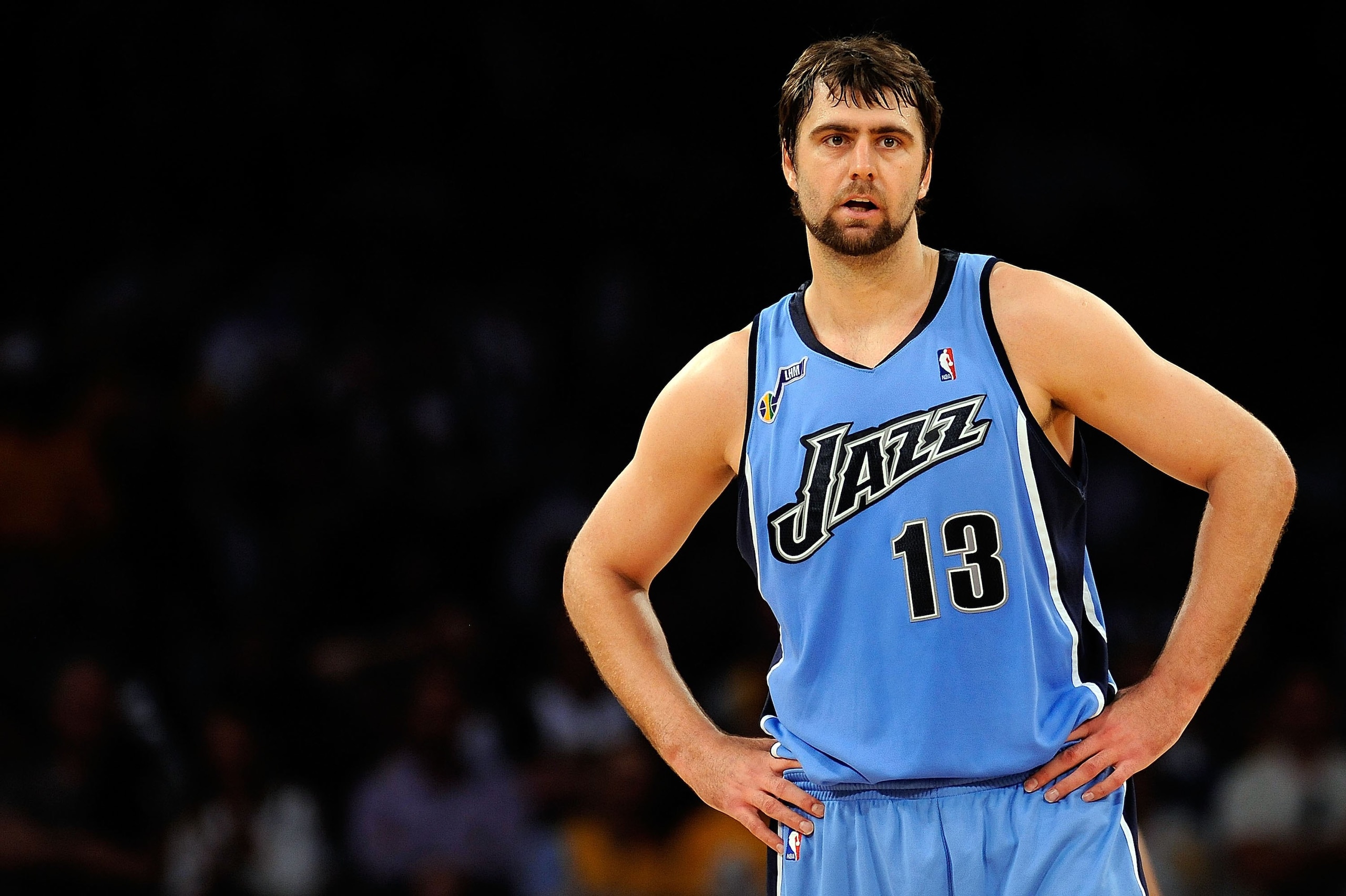 LOS ANGELES, CA - APRIL 27: Mehmet Okur #13 of the Utah Jazz looks on against the Los Angeles Lakers in Game Five of the Western Conference Quarterfinals during the 2009 NBA Playoffs at Staples Center on April 27, 2009 in Los Angeles, California. The Lak LOS ANGELES, CA - APRIL 27: Mehmet Okur #13 of the Utah Jazz looks on against the Los Angeles Lakers in Game Five of the Western Conference Quarterfinals during the 2009 NBA Playoffs at Staples Center on April 27, 2009 in Los Angeles, California. The Lak