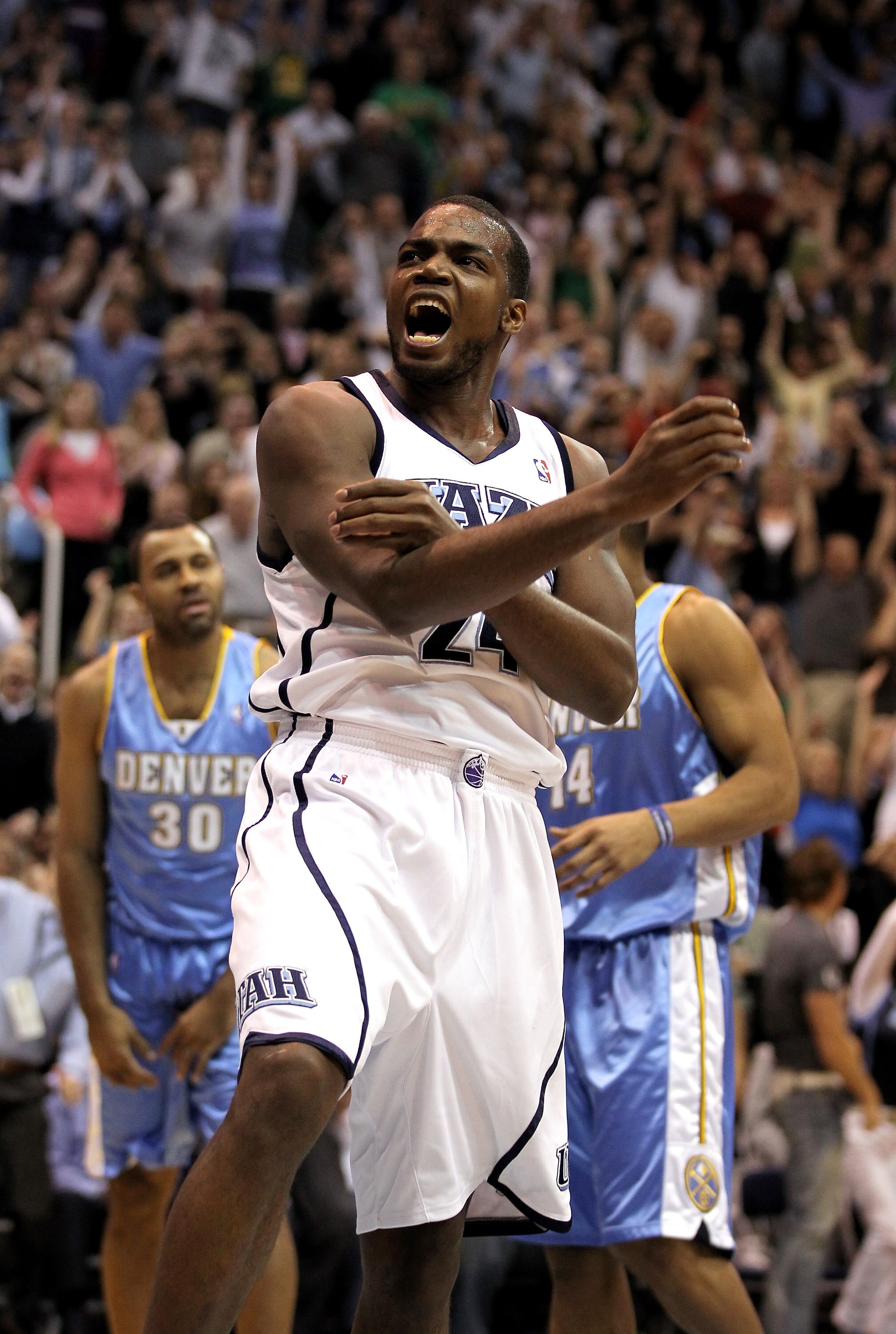 SALT LAKE CITY - APRIL 30:  Paul Millsap #24 of the Utah Jazz celebrates after making a dunk during their game against the Denver Nuggets during Game Six of the Western Conference Quarterfinals of the 2010 NBA Playoffs at EnergySolutions Arena on April 30