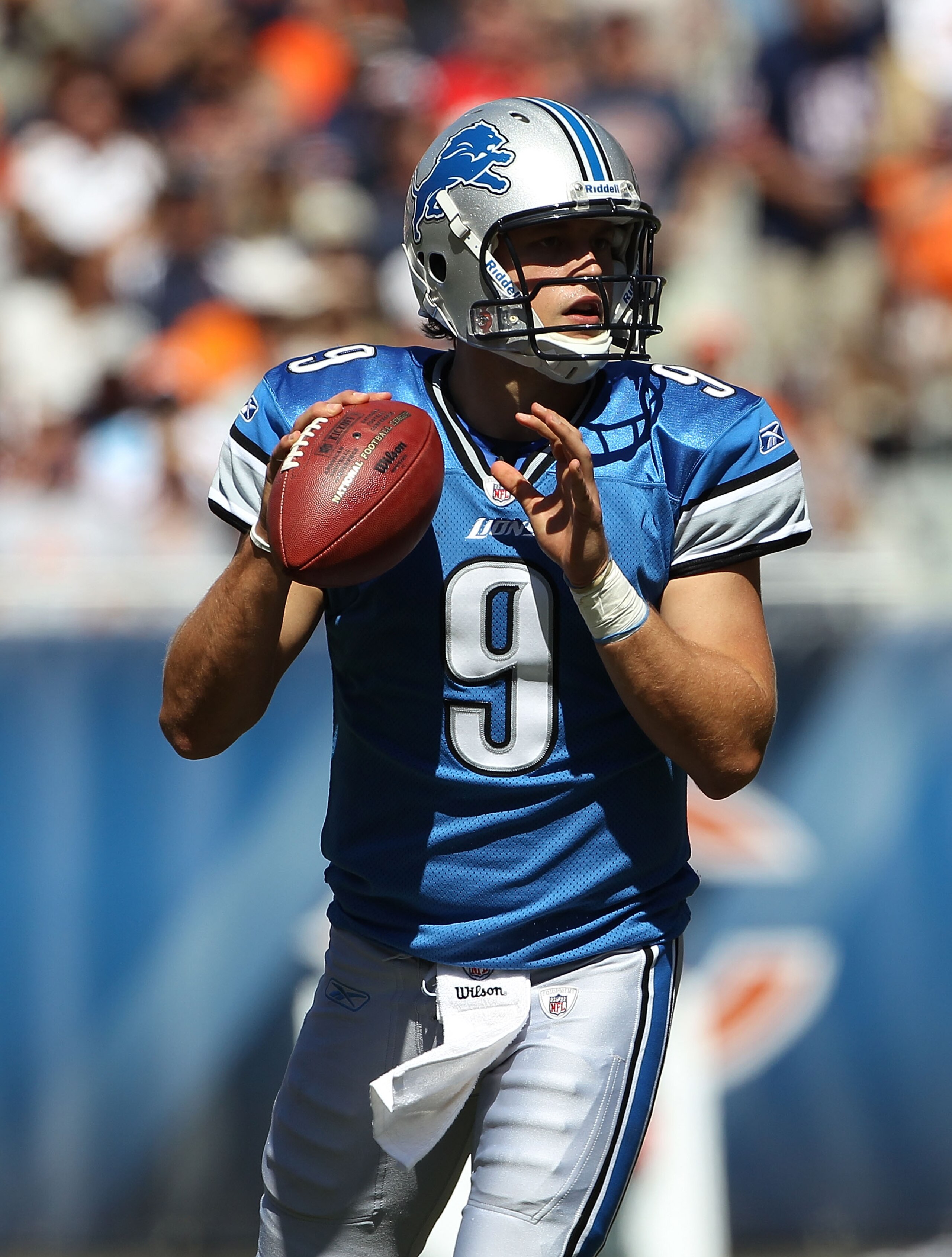 CHICAGO - SEPTEMBER 12: Matthew Stafford #9 of the Detroit Lions looks for receiver against the Chicago Bears during the NFL season opening game at Soldier Field on September 12, 2010 in Chicago, Illinois. The Bears defeated the Lions 19-14. (Photo by Jon CHICAGO - SEPTEMBER 12: Matthew Stafford #9 of the Detroit Lions looks for receiver against the Chicago Bears during the NFL season opening game at Soldier Field on September 12, 2010 in Chicago, Illinois. The Bears defeated the Lions 19-14. (Photo by Jon