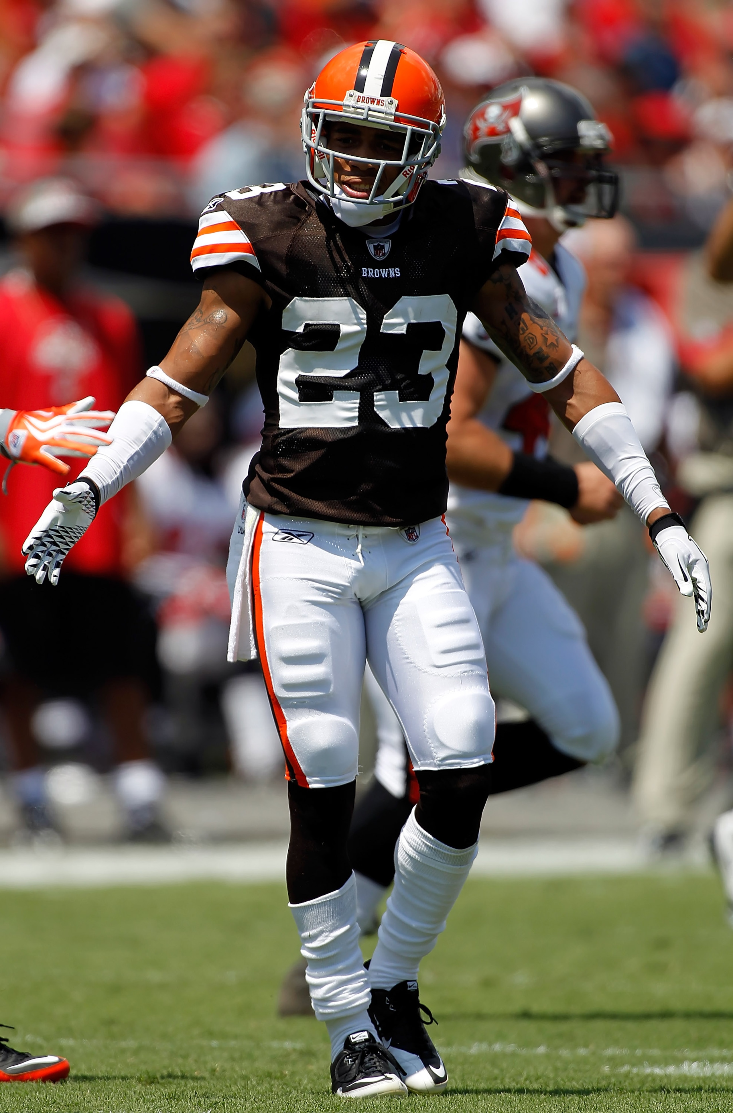 TAMPA, FL - SEPTEMBER 12: Cornerback Joe Haden #23 of the Cleveland Browns is congratulated after breaking up a pass against the Tampa Bay Buccaneers during the NFL season opener game at Raymond James Stadium on September 12, 2010 in Tampa, Florida. (Ph TAMPA, FL - SEPTEMBER 12: Cornerback Joe Haden #23 of the Cleveland Browns is congratulated after breaking up a pass against the Tampa Bay Buccaneers during the NFL season opener game at Raymond James Stadium on September 12, 2010 in Tampa, Florida. (Ph