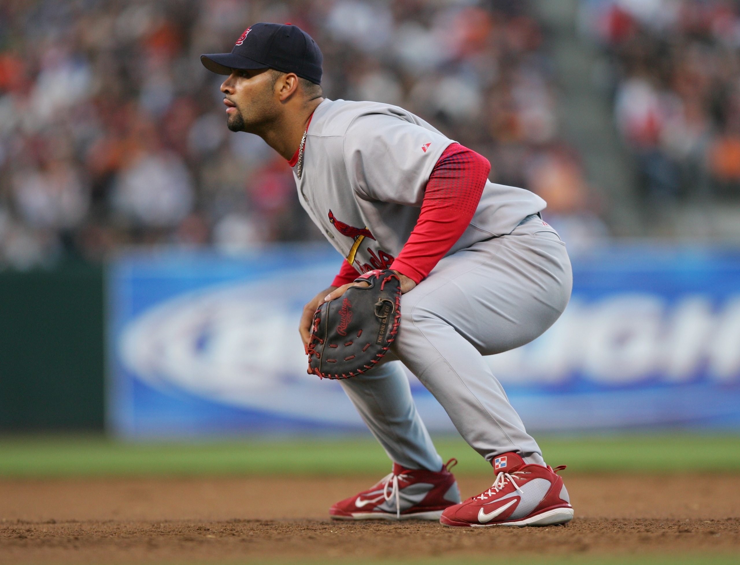 SAN FRANCISCO - MAY 23:  First baseman Albert Pujols #5 of the St. Louis Cardinals plays defense against the San Francisco Giants during the MLB game at AT&T Park on May 23, 2006 in San Francisco, California.  The Cardinals won 8-5.  (Photo by Jed Jacobso