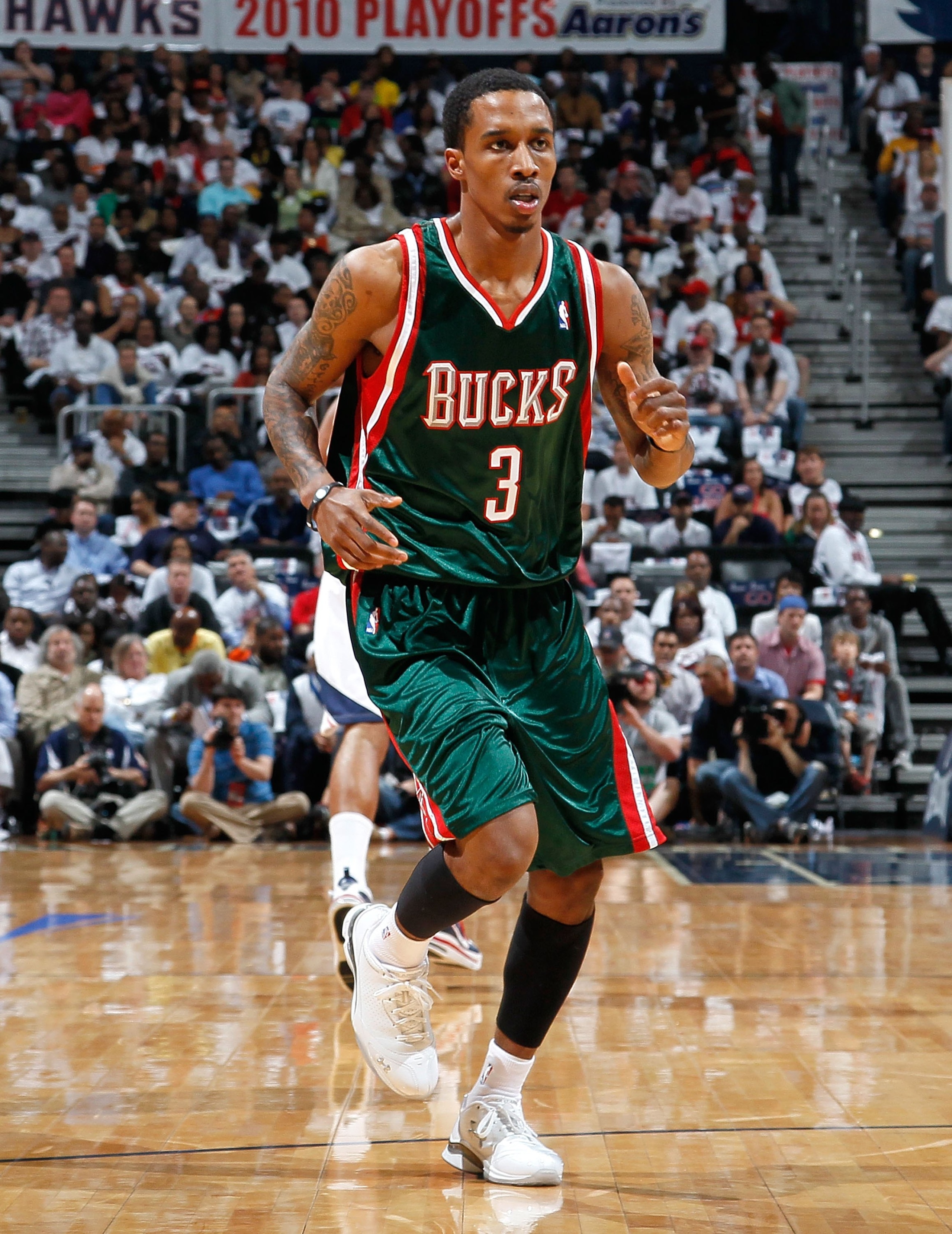 ATLANTA - APRIL 28:  Brandon Jennings #3 of the Milwaukee Bucks against the Atlanta Hawks during Game Five of the Eastern Conference Quarterfinals of the 2010 NBA Playoffs at Philips Arena on April 28, 2010 in Atlanta, Georgia.  NOTE TO USER: User express