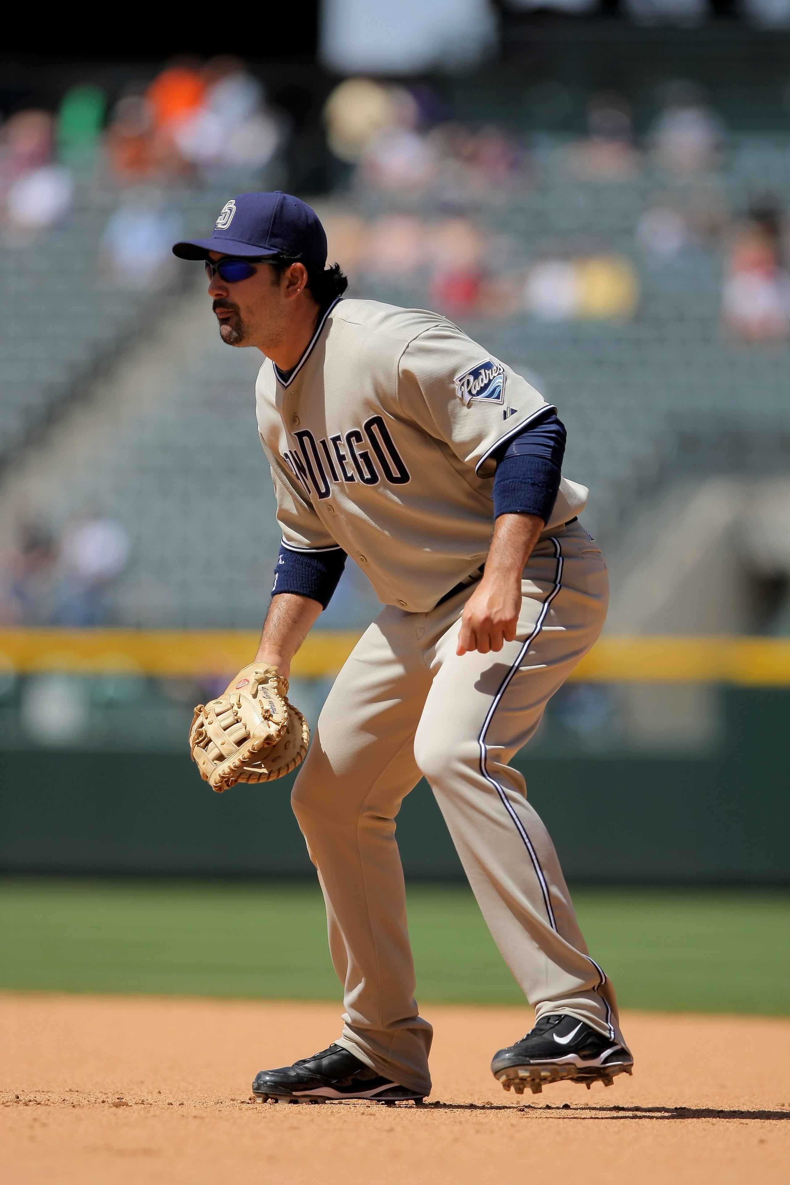 DENVER - APRIL 29:  First baseman Adrian Gonzalez #23 of the San Diego Padres plays defense against the Colorado Rockies during MLB action at Coors Field on April 29, 2009 in Denver, Colorado. The Rockies defeated the Padres 7-5.  (Photo by Doug Pensinger