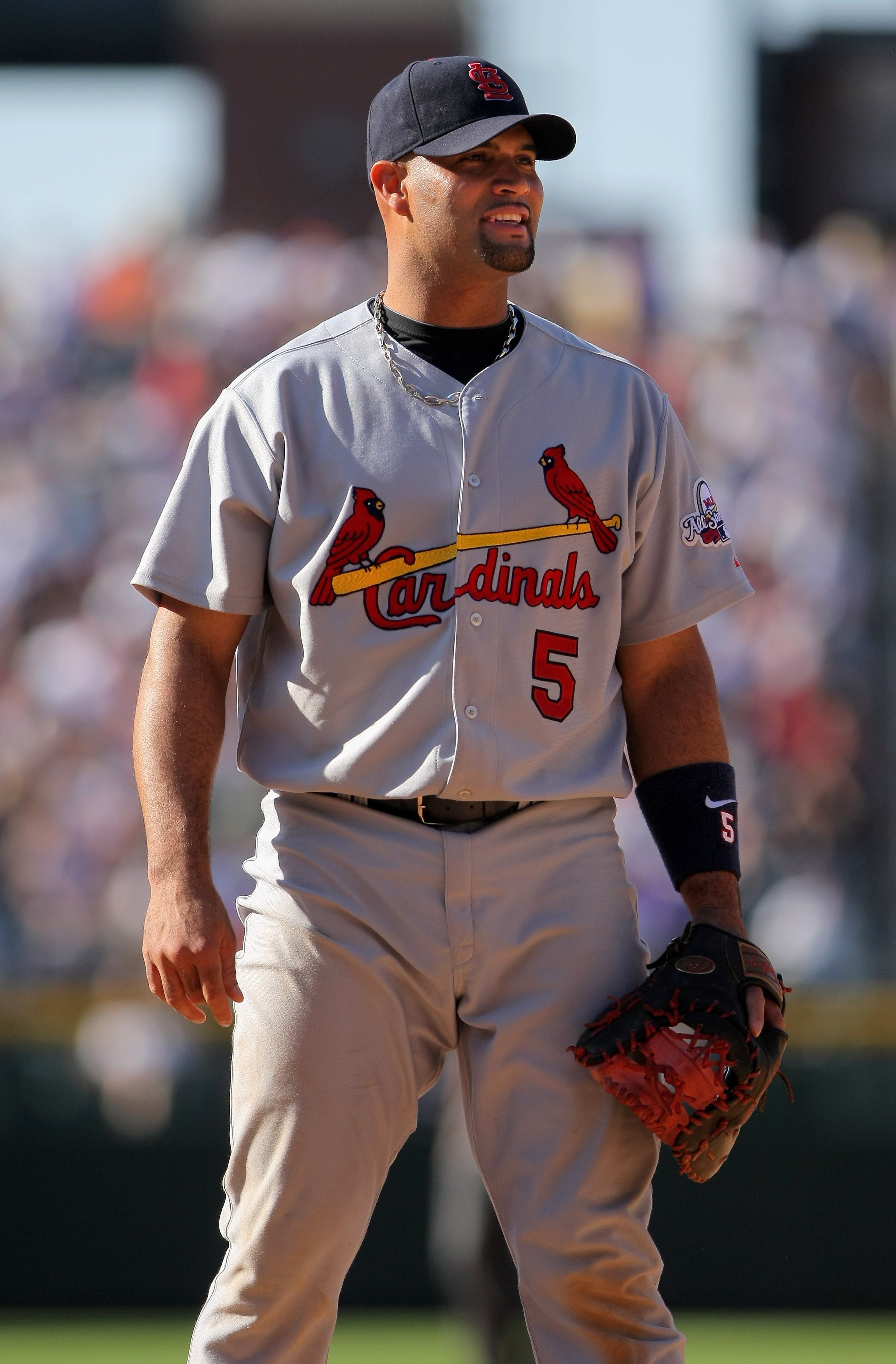 St. Louis Cardinals All-Star first baseman Albert Pujols takes his  defensive stance against the Colorado Rockies at Coors Field on July 7,  2010 in Denver. Colorado beat St. Louis 8-7. UPI/Gary C.