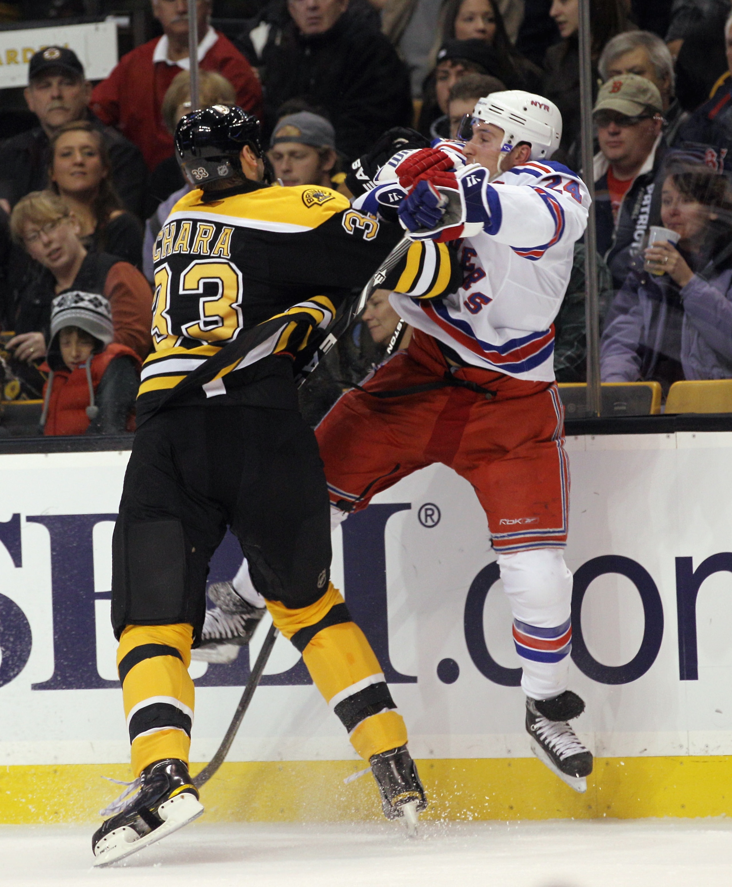 BOSTON - OCTOBER 23: Ryan Callahan #24 of the New York Rangers is hit by Zdeno Chara #33 of the Boston Bruins at the TD Garden on October 23, 2010 in Boston, Massachusetts. (Photo by Bruce Bennett/Getty Images) BOSTON - OCTOBER 23: Ryan Callahan #24 of the New York Rangers is hit by Zdeno Chara #33 of the Boston Bruins at the TD Garden on October 23, 2010 in Boston, Massachusetts. (Photo by Bruce Bennett/Getty Images)