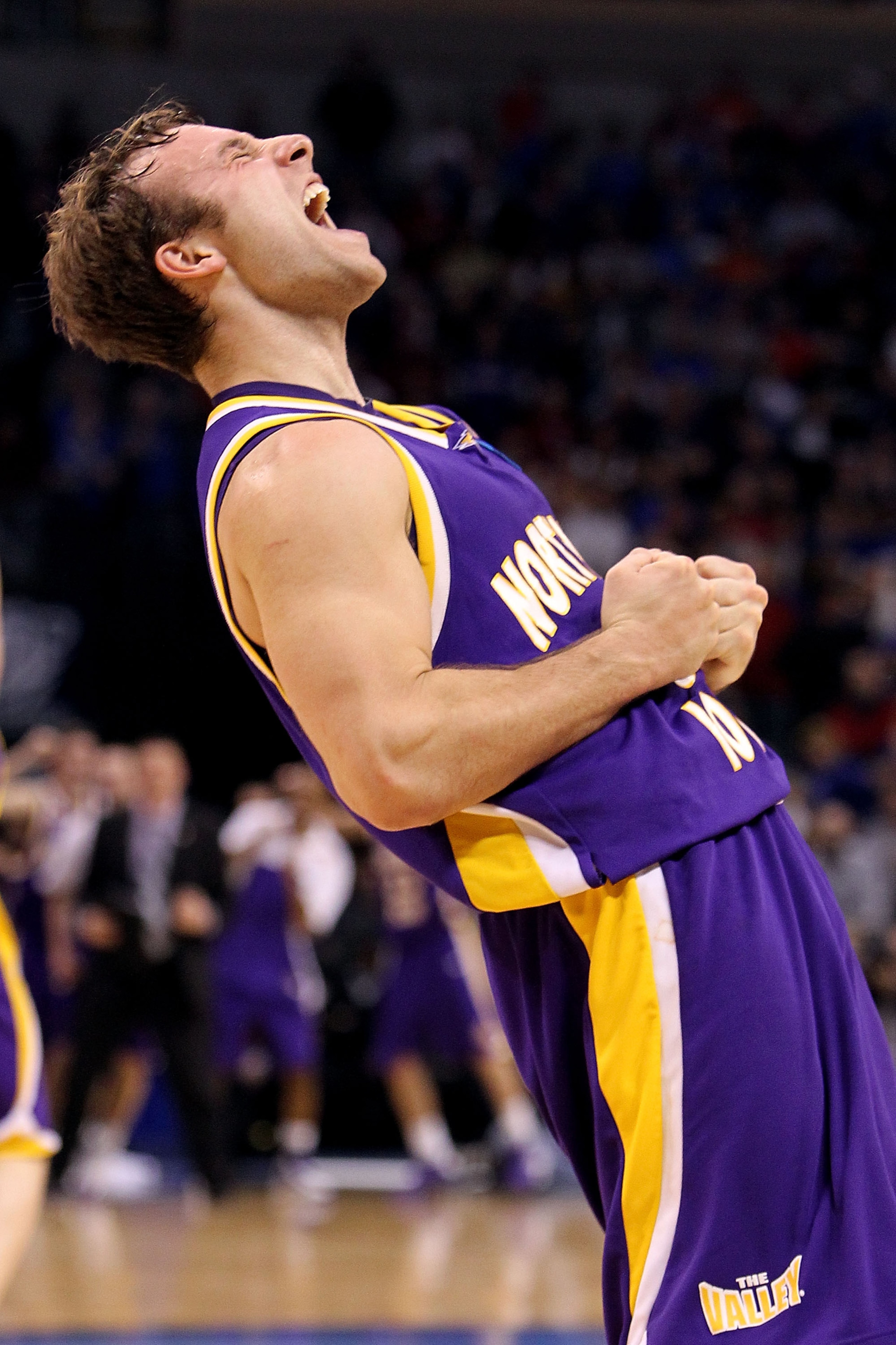 OKLAHOMA CITY - MARCH 20:  Ali Farokhmanesh #5 of the Northern Iowa Panthers reacts against the Kansas Jayhawks during the second round of the 2010 NCAA men's basketball tournament at Ford Center on March 20, 2010 in Oklahoma City, Oklahoma. UNI won 69-67