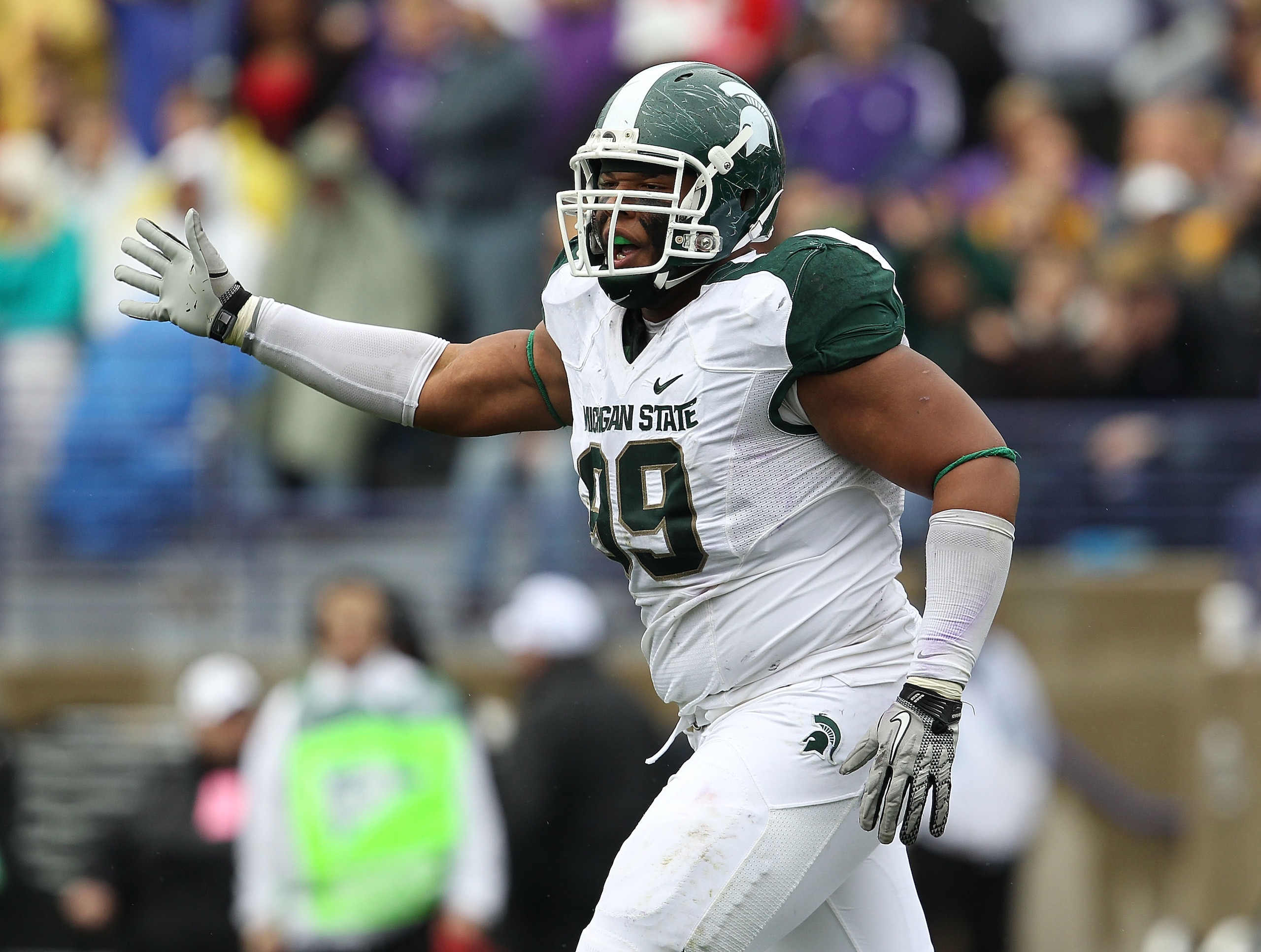 EVANSTON, IL - OCTOBER 23: Jerel Worthy #99 of the Michigan State Spartans celebrates a defensive play against the Northwestern Wildcats at Ryan Field on October 23, 2010 in Evanston, Illinois. Michigan State defeated Northwestern 35-27. (Photo by Jonatha