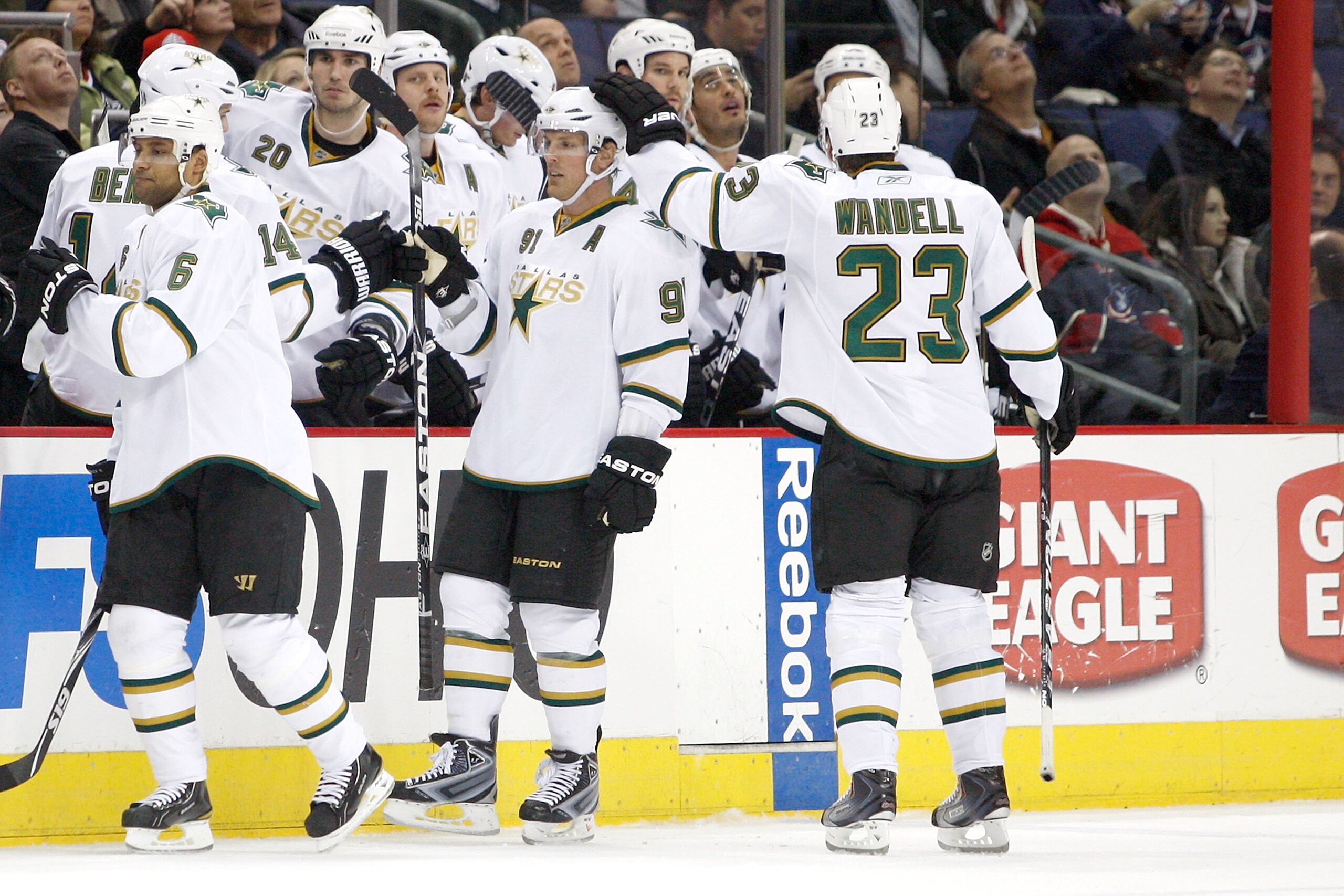 COLUMBUS, OH - DECEMBER 6:  Brad Richards #91 of the Dallas Stars is congratulated by Tom Wandell #23 of the Dallas Stars after scoring to tie the game against the Columbus Blue Jackets on December 6, 2010 at Nationwide Arena in Columbus, Ohio.  (Photo by