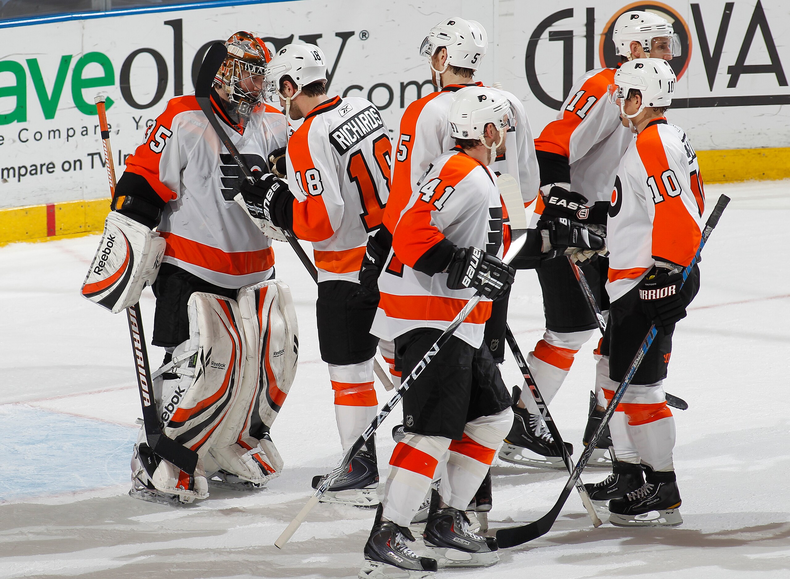 SUNRISE, FL - FEBRUARY 16: Goaltender Sergei Bobrovsky #35 of the Philadelphia Flyers is congratulated by teammates after defeating the Florida Panthers on February 16, 2011 at the BankAtlantic Center in Sunrise, Florida. The Flyers defeated the Panthers