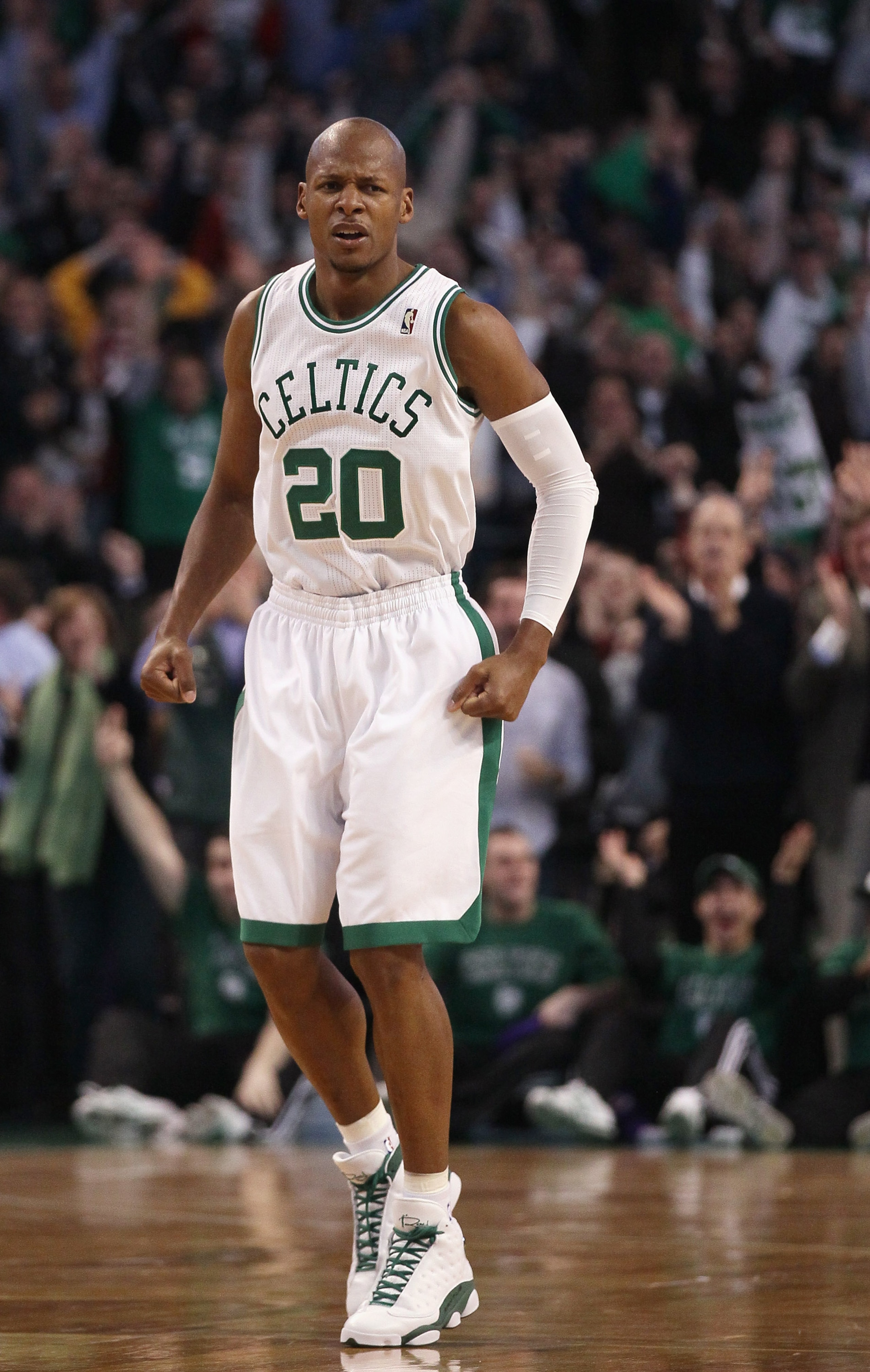 BOSTON, MA - FEBRUARY 10:  Ray Allen #20 of the Boston Celtics celebrates after his 3-point shot against the Los Angeles Lakers to break the NBA career 3-point record previously held by Reggie Miller of the Indiana Pacers on February 10, 2011 at the TD Ga