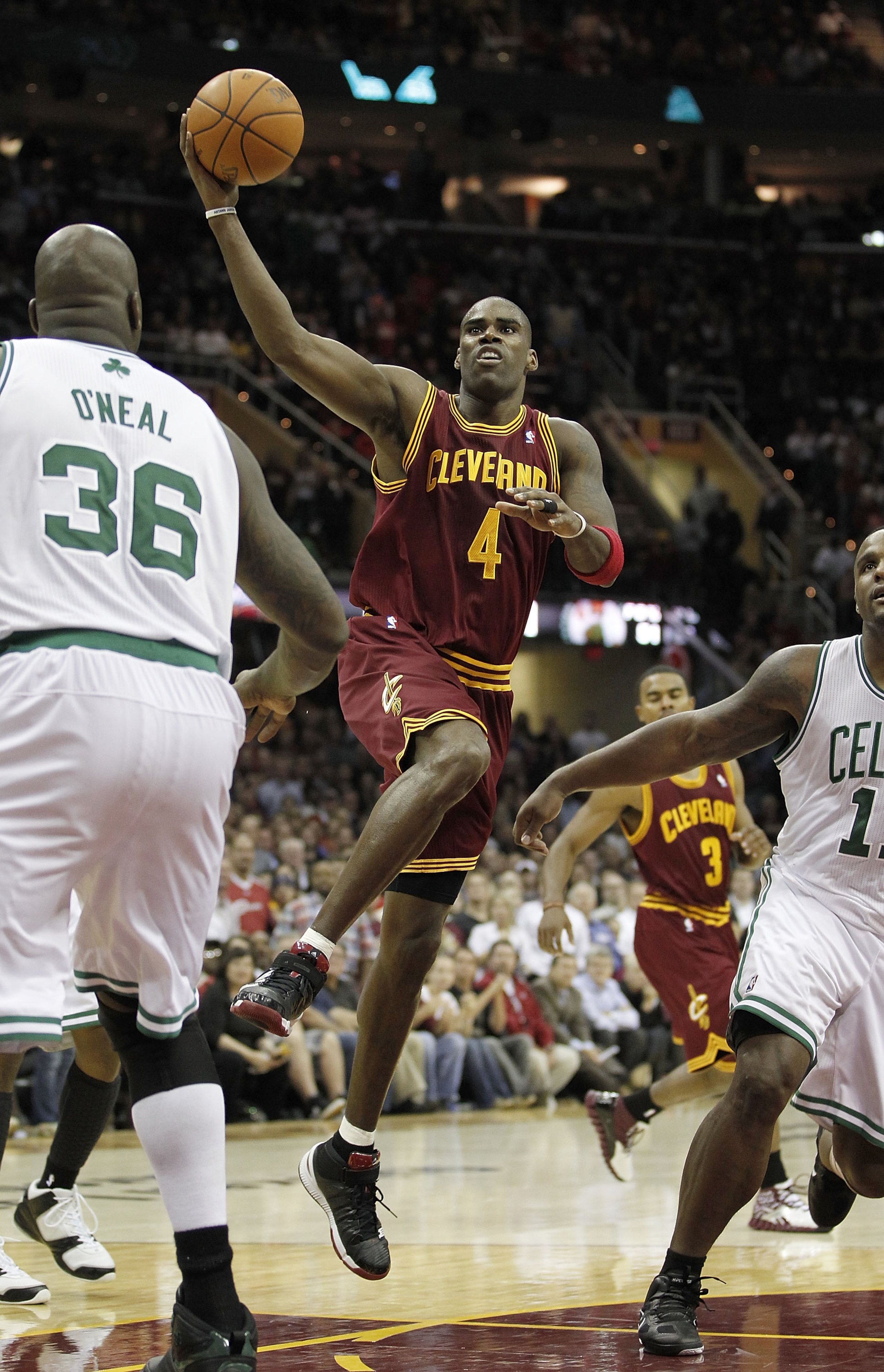 CLEVELAND - OCTOBER 27: Antawn Jamison #4 of the Cleveland Cavaliers tries to get a shot off over Shaquille O'Neal #36 of the Boston Celtics at Quicken Loans Arena on October 27, 2010 in Cleveland, Ohio. Cleveland won the game 95-87. (Photo by Gregory S CLEVELAND - OCTOBER 27: Antawn Jamison #4 of the Cleveland Cavaliers tries to get a shot off over Shaquille O'Neal #36 of the Boston Celtics at Quicken Loans Arena on October 27, 2010 in Cleveland, Ohio. Cleveland won the game 95-87. (Photo by Gregory S