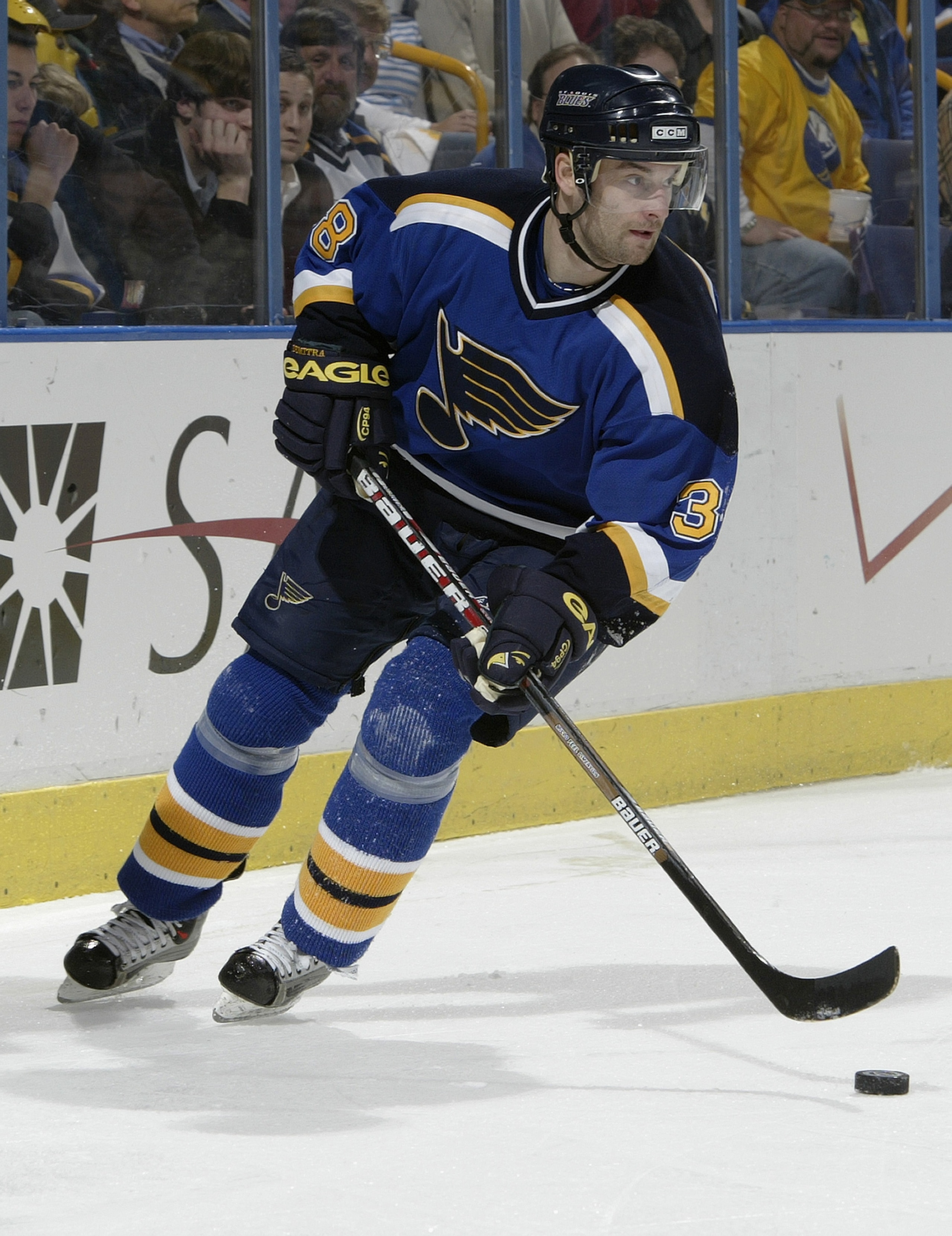 ST. LOUIS - APRIL 13:  Pavol Demitra #38 of the St. Louis Blues looks up the ice as he circles behind the net for the puck during the game against the San Jose Sharks in game four of the Western Conference Quarterfinals on April 13, 2004 at the Savvis Cen