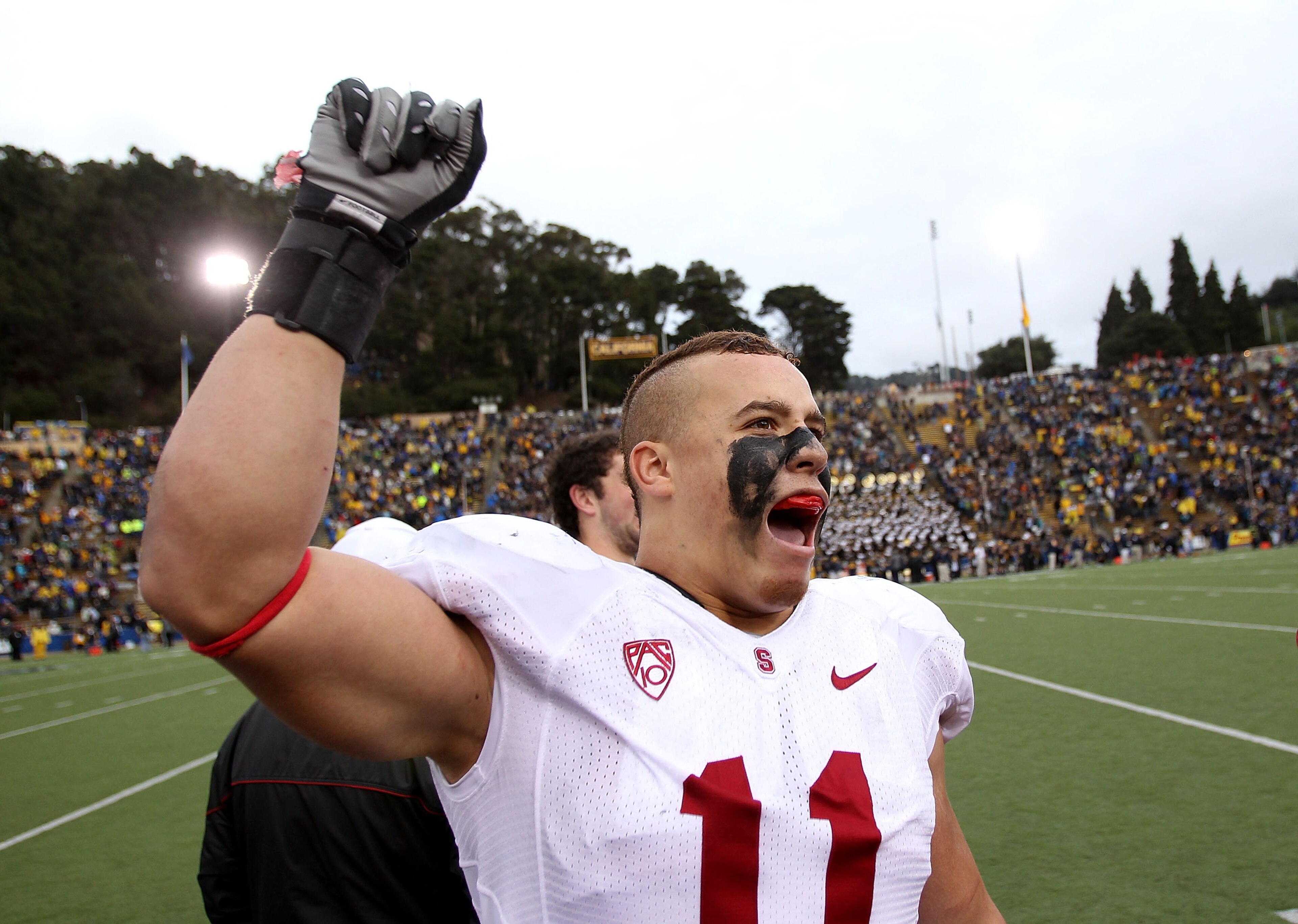 BERKELEY, CA - NOVEMBER 20: Shayne Skov #11 of the Stanford Cardinal celebrates after beating the California Golden Bears at California Memorial Stadium on November 20, 2010 in Berkeley, California. (Photo by Ezra Shaw/Getty Images) BERKELEY, CA - NOVEMBER 20: Shayne Skov #11 of the Stanford Cardinal celebrates after beating the California Golden Bears at California Memorial Stadium on November 20, 2010 in Berkeley, California. (Photo by Ezra Shaw/Getty Images)