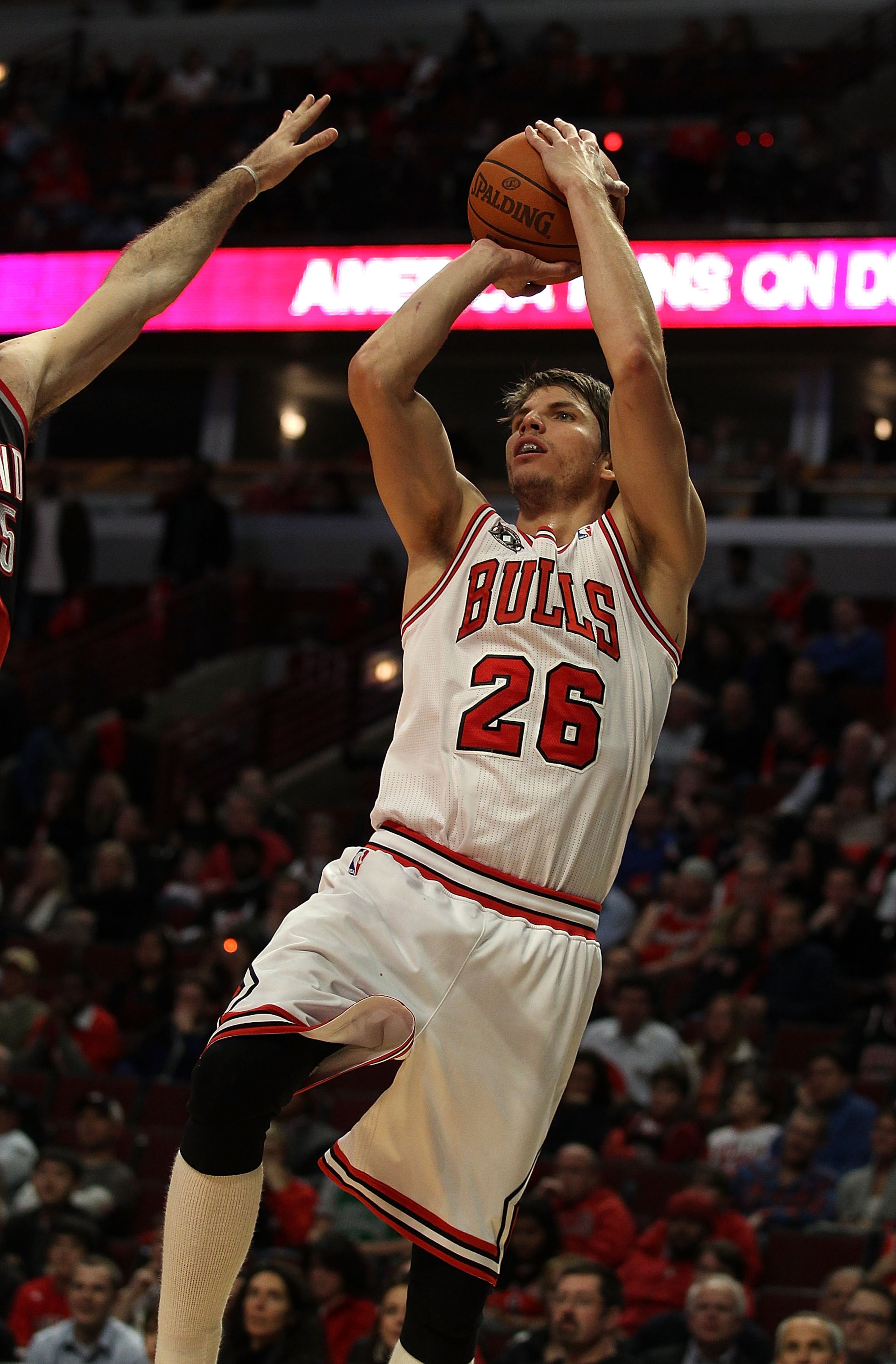 CHICAGO - NOVEMBER 01: Kyle Korver #26 of the Chicago Bulls puts up a shot against the Portland Trail Blazers at the United Center on November 1, 2010 in Chicago, Illinois. The Bulls defeated the Trail Blazers 110-98. NOTE TO USER: User expressly acknowle