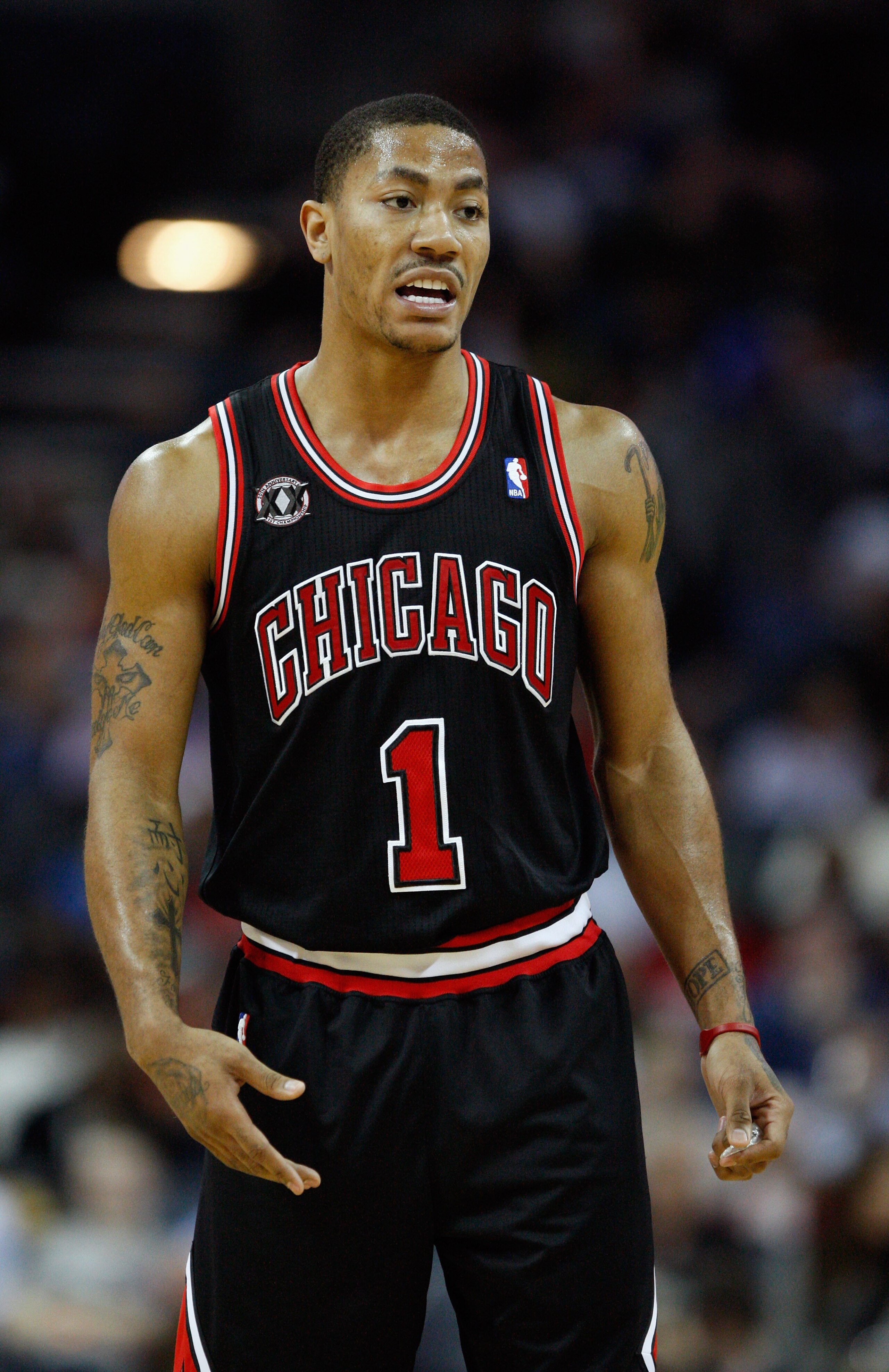 CHARLOTTE, NC - JANUARY 12: Derrick Rose #1 of the Chicago Bulls reacts to a call against the Charlotte Bobcats during their game at Time Warner Cable Arena on January 12, 2011 in Charlotte, North Carolina. NOTE TO USER: User expressly acknowledges and a CHARLOTTE, NC - JANUARY 12: Derrick Rose #1 of the Chicago Bulls reacts to a call against the Charlotte Bobcats during their game at Time Warner Cable Arena on January 12, 2011 in Charlotte, North Carolina. NOTE TO USER: User expressly acknowledges and a