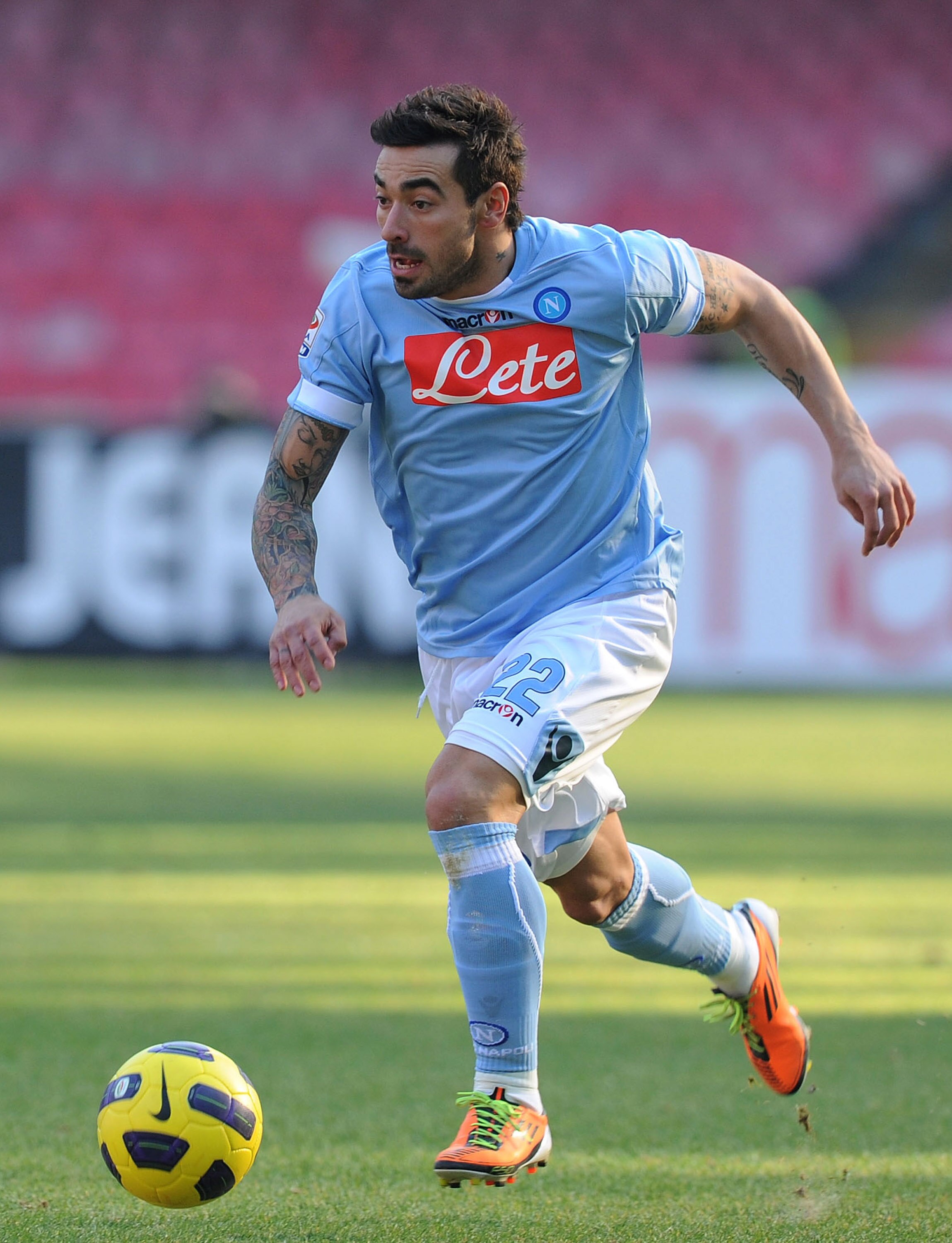 NAPLES, ITALY - FEBRUARY 06:  Ezequiel Lavezzi of Napoli in action during the Serie A match between SSC Napoli and AC Cesena at Stadio San Paolo on February 6, 2011 in Naples, Italy.  (Photo by Giuseppe Bellini/Getty Images)