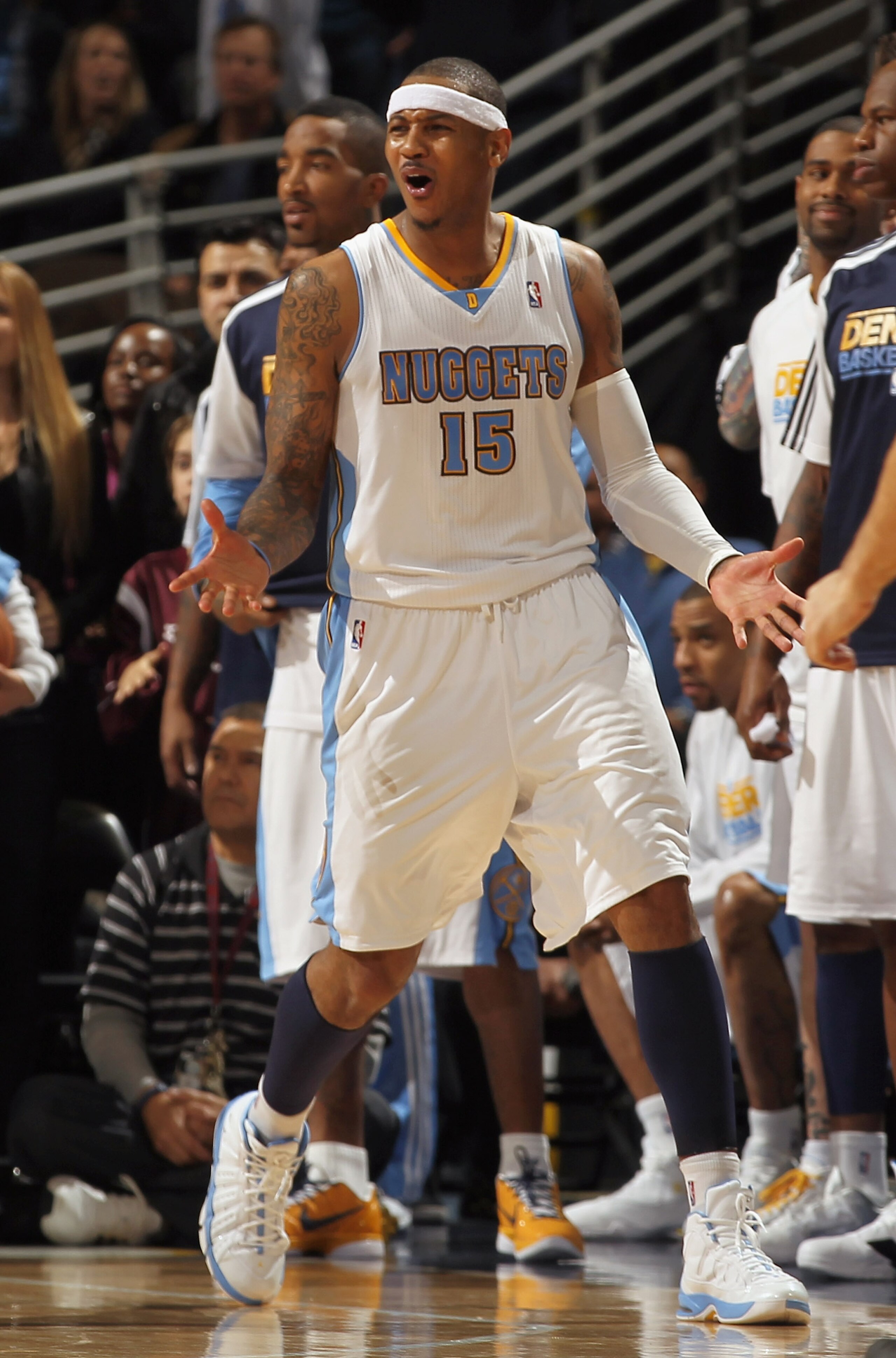 DENVER, CO - FEBRUARY 10: Carmelo Anthony #15 of the Denver Nuggets reacts after fouling out of the game late in the fourth quarter after a foul on Dirk Nowitzki of the Dallas Mavericks during NBA action at the Pepsi Center on February 10, 2011 in Denver DENVER, CO - FEBRUARY 10: Carmelo Anthony #15 of the Denver Nuggets reacts after fouling out of the game late in the fourth quarter after a foul on Dirk Nowitzki of the Dallas Mavericks during NBA action at the Pepsi Center on February 10, 2011 in Denver