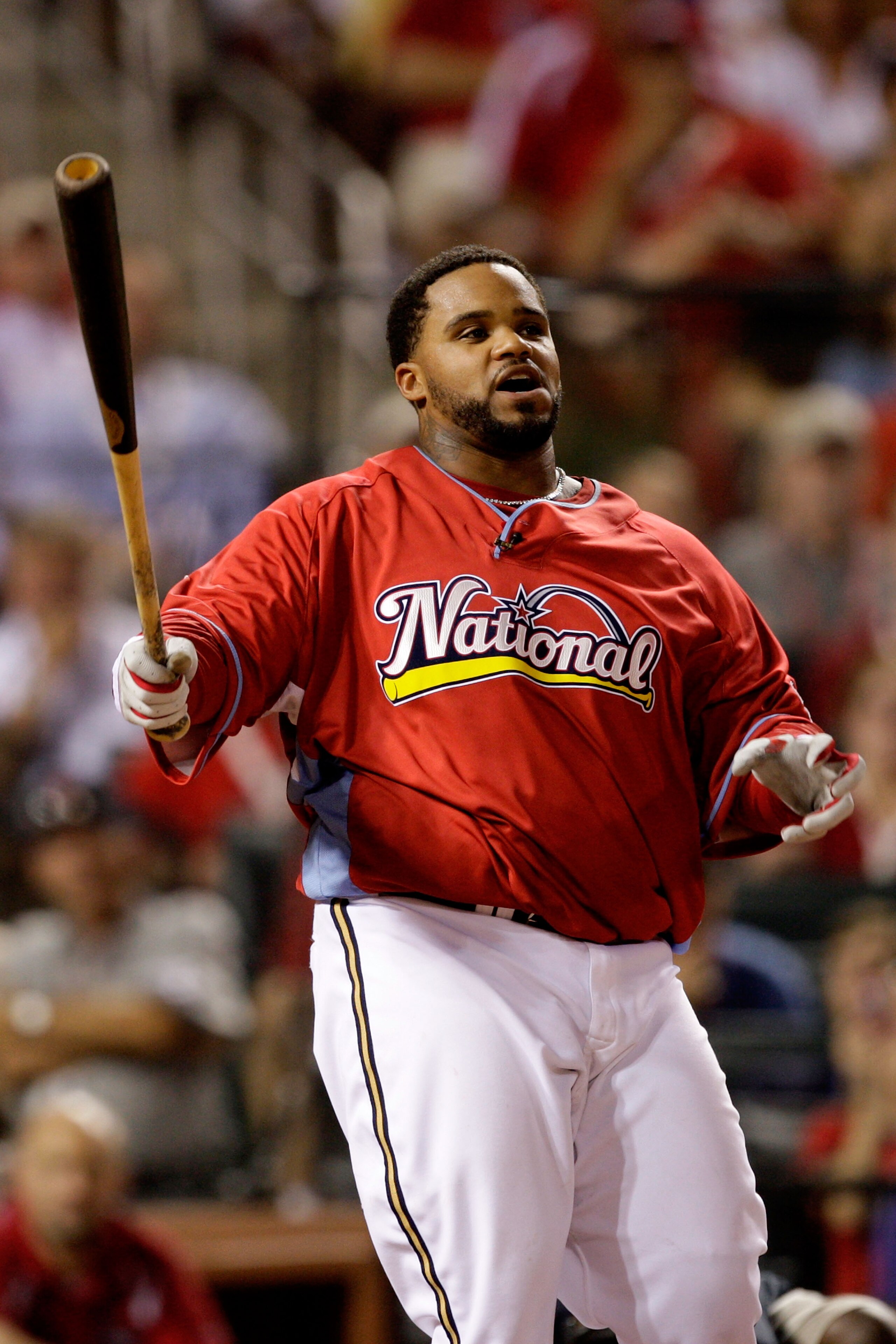 ST LOUIS, MO - JULY 13:  National League All-Star Prince Fielder of the Milwaukee Brewers competes in the third round on his way to winning the State Farm Home Run Derby at Busch Stadium on July 13, 2009 in St. Louis, Missouri.  (Photo by Jamie Squire/Get