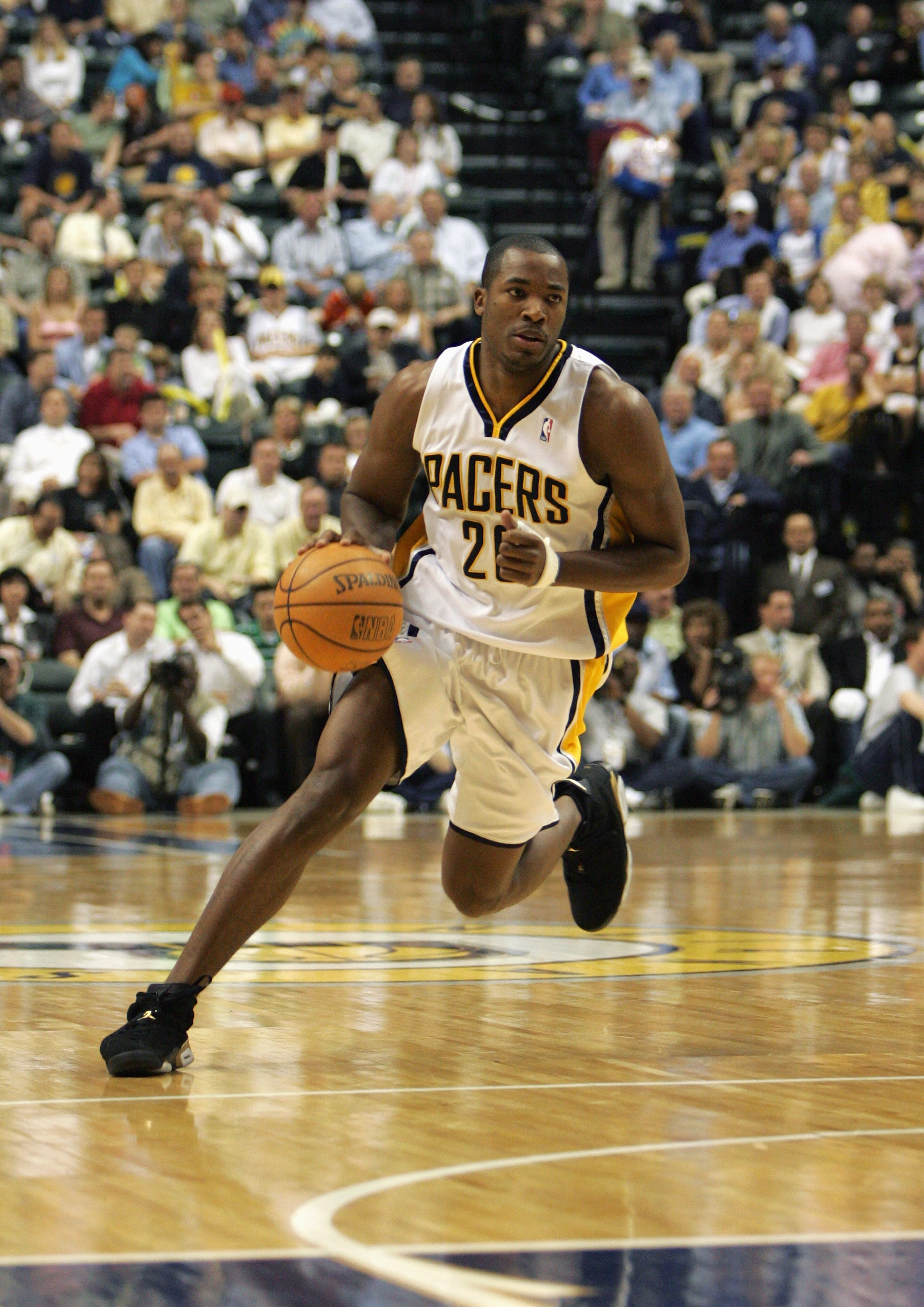 NDIANAPOLIS - MAY 04: Fred Jones #20 of the Indiana Pacers moves the ball in game six of the Eastern Conference Quarterfinals against the New Jersey Nets during the 2006 NBA Playoffs at Conseco Fieldhouse on May 4, 2006 in Indianapolis, Indiana. The Nets 