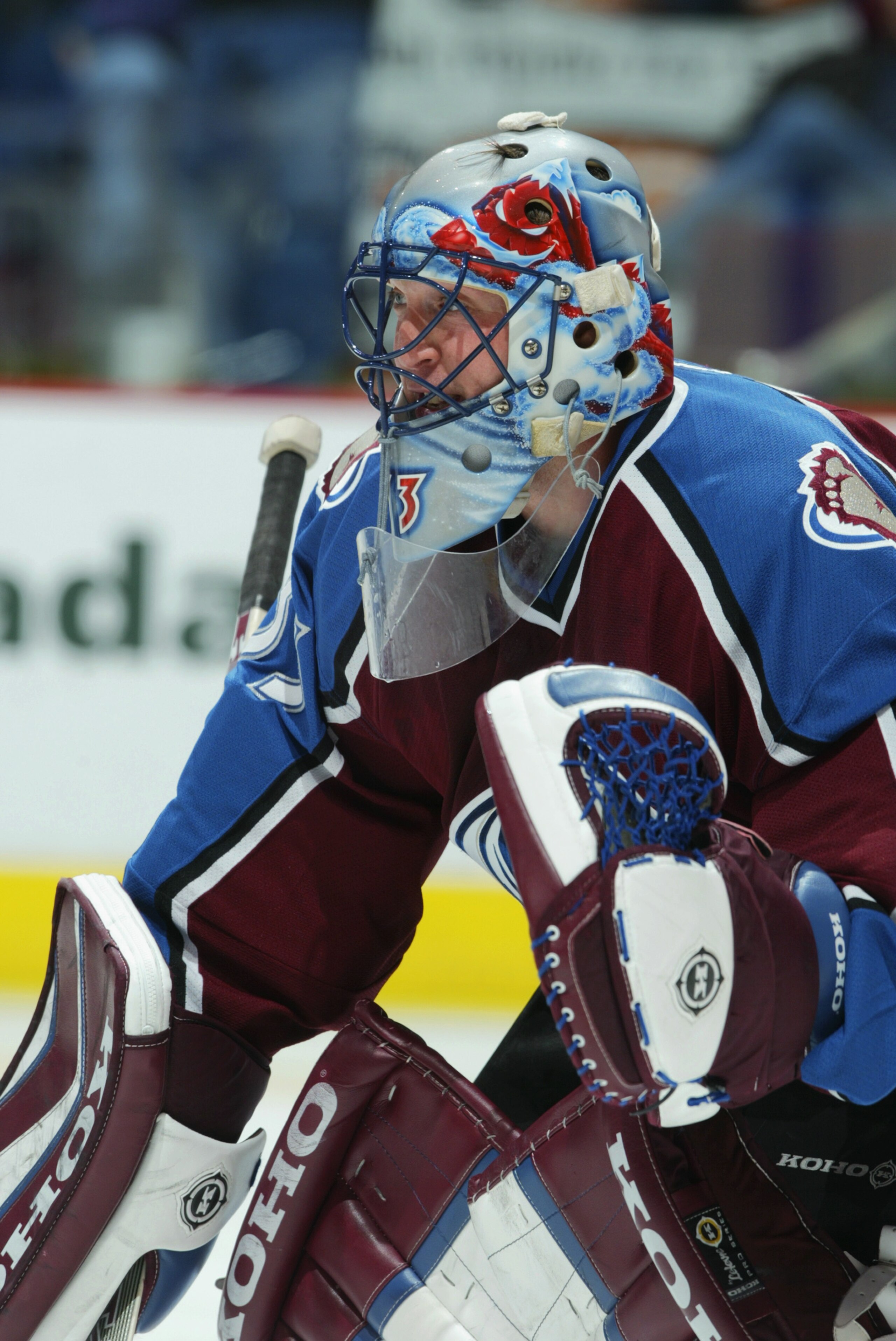 VANCOUVER - OCTOBER 31: Goaltender Patrick Roy #33 of the Colorado Avalanche is set to make a save against the Vancouver Canucks during the NHL game on October 31, 2002 at General Motors Place in Vancouver, British Columbia. The Avalanche defeated the C VANCOUVER - OCTOBER 31: Goaltender Patrick Roy #33 of the Colorado Avalanche is set to make a save against the Vancouver Canucks during the NHL game on October 31, 2002 at General Motors Place in Vancouver, British Columbia. The Avalanche defeated the C