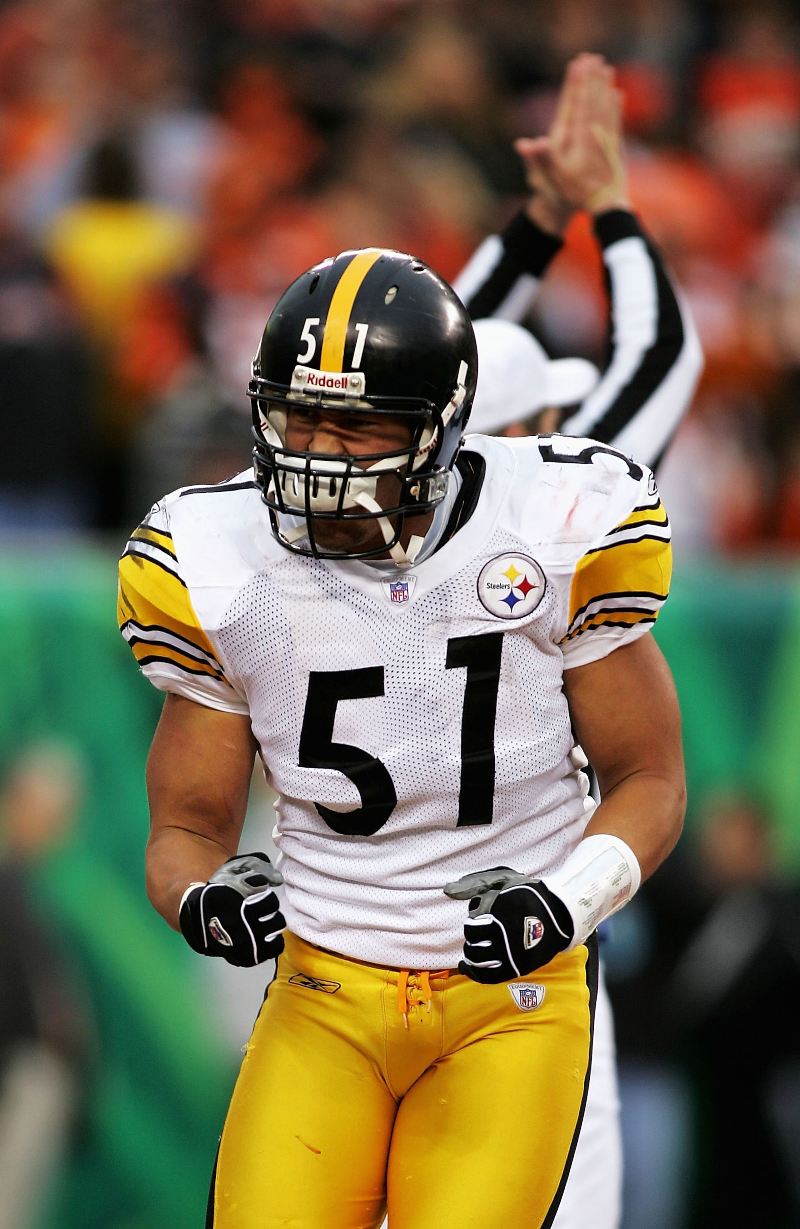 CINCINNATTI - NOVEMBER 21:  James Farrior #51 of the Pittsburgh Steelers celebrates a saftey against the Cincinnati Bengals on November 21, 2004 at Paul Brown Stadium in Cincinnati, Ohio.  (Photo by Jonathan Ferrey/Getty Images)