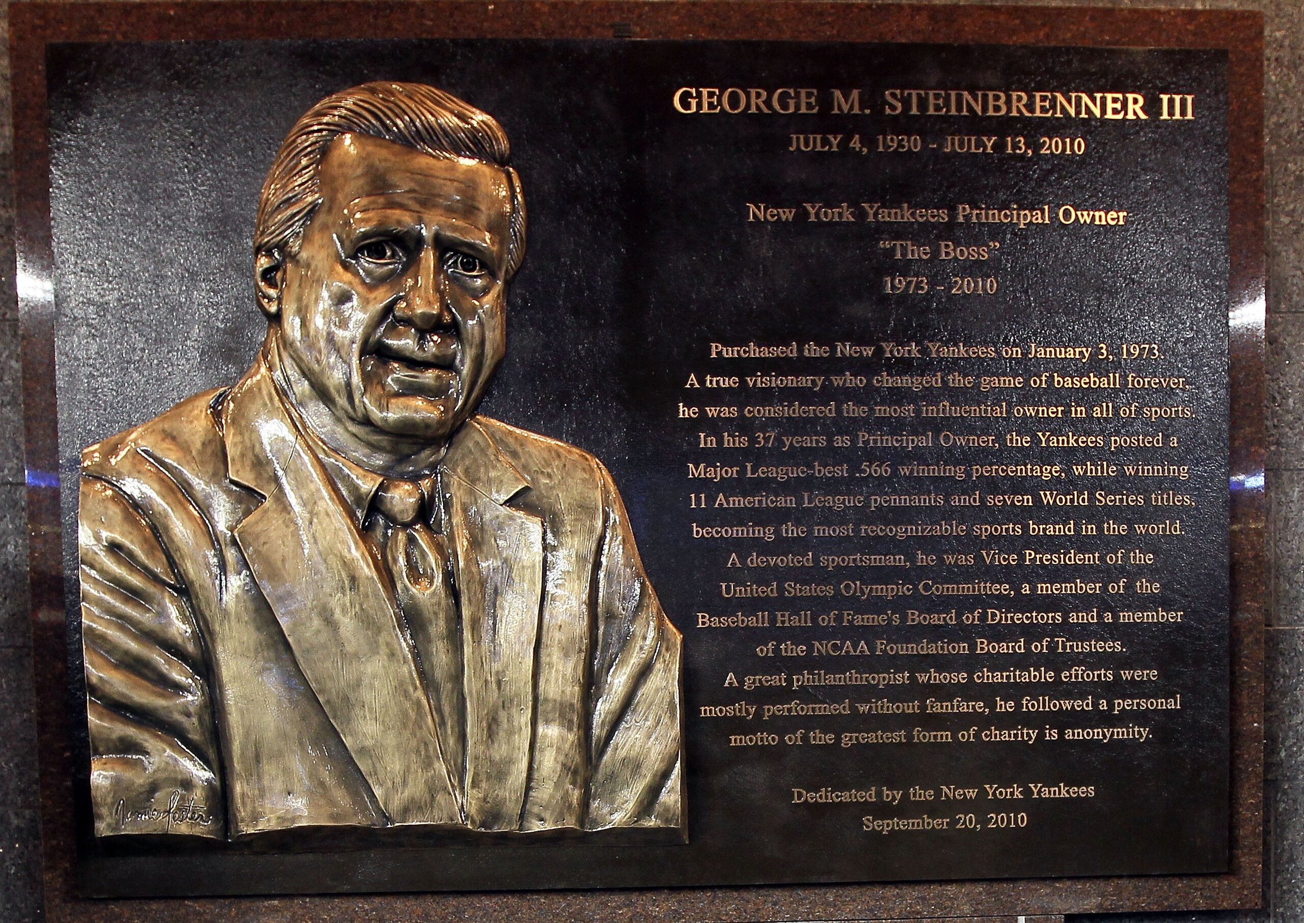 NEW YORK - SEPTEMBER 20: The monument of late owner of the New York Yankees George Steinbrenner is seen prior to the game against the Tampa Bay Rays on September 20, 2010 at Yankee Stadium in the Bronx borough of New York City.  (Photo by Jim McIsaac/Gett