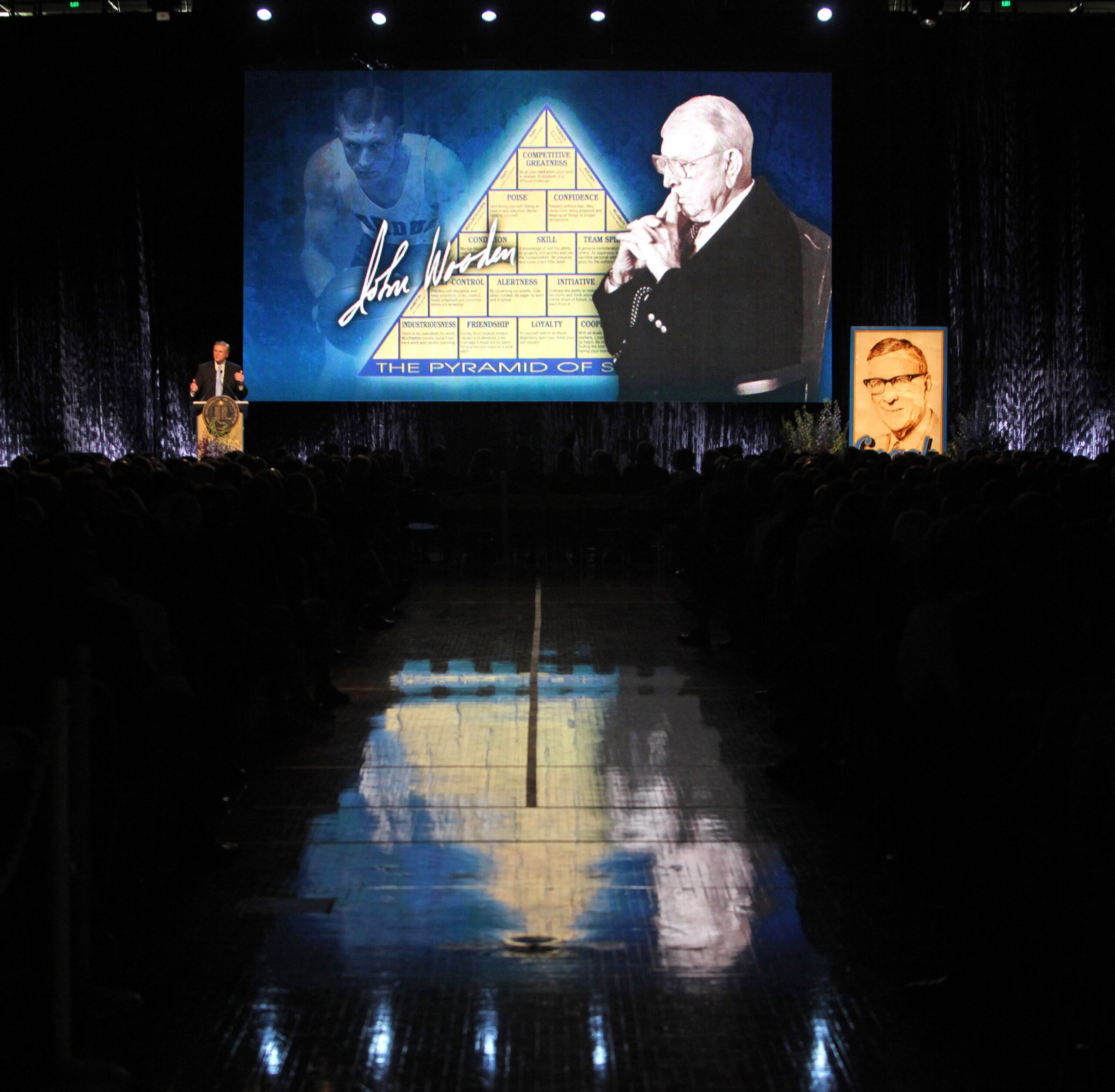 WESTWOOD, CA - JUNE 26, 2010: Coach Wooden's pyramid of success is displayed during the memorial service for former UCLA basketball coach John Wooden on June 26, 2010 at Pauley Pavilion on the University of California Los Angeles campus in Westwood, Calif
