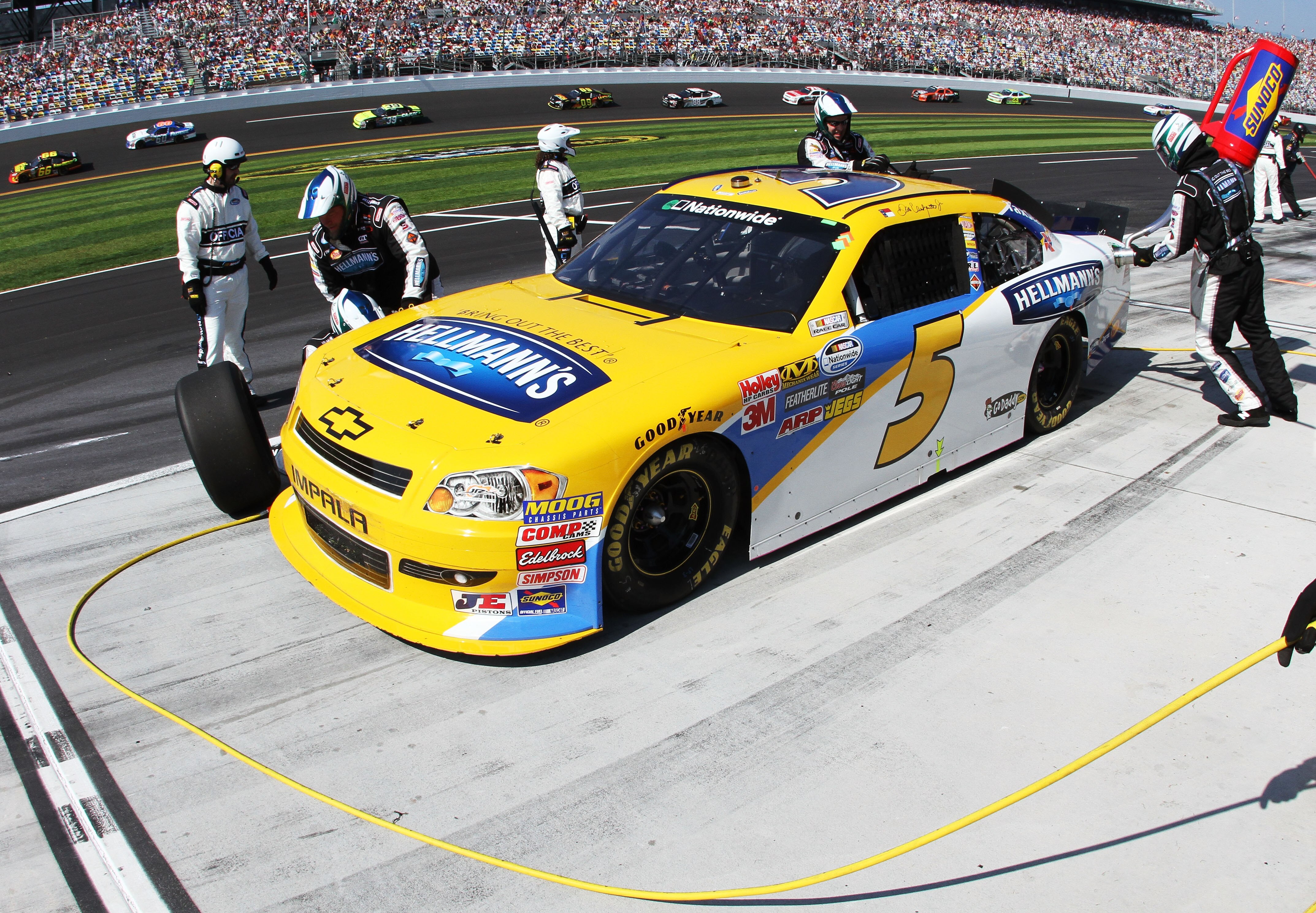DAYTONA BEACH, FL - FEBRUARY 19:  Dale Earnhardt Jr. pits the #5 Hellmann's Chevrolet during the NASCAR Nationwide Series DRIVE4COPD 300 at Daytona International Speedway on February 19, 2011 in Daytona Beach, Florida.  (Photo by Jerry Markland/Getty Imag