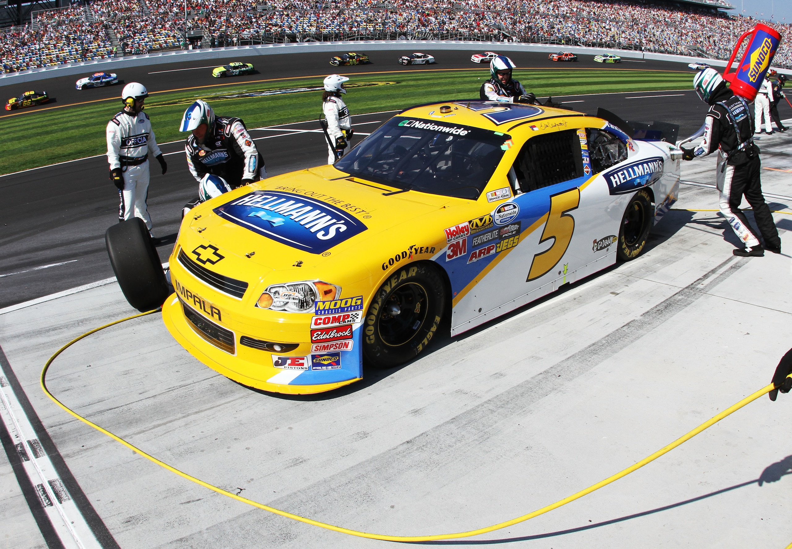 DAYTONA BEACH, FL - FEBRUARY 19:  Dale Earnhardt Jr. pits the #5 Hellmann's Chevrolet during the NASCAR Nationwide Series DRIVE4COPD 300 at Daytona International Speedway on February 19, 2011 in Daytona Beach, Florida.  (Photo by Jerry Markland/Getty Imag