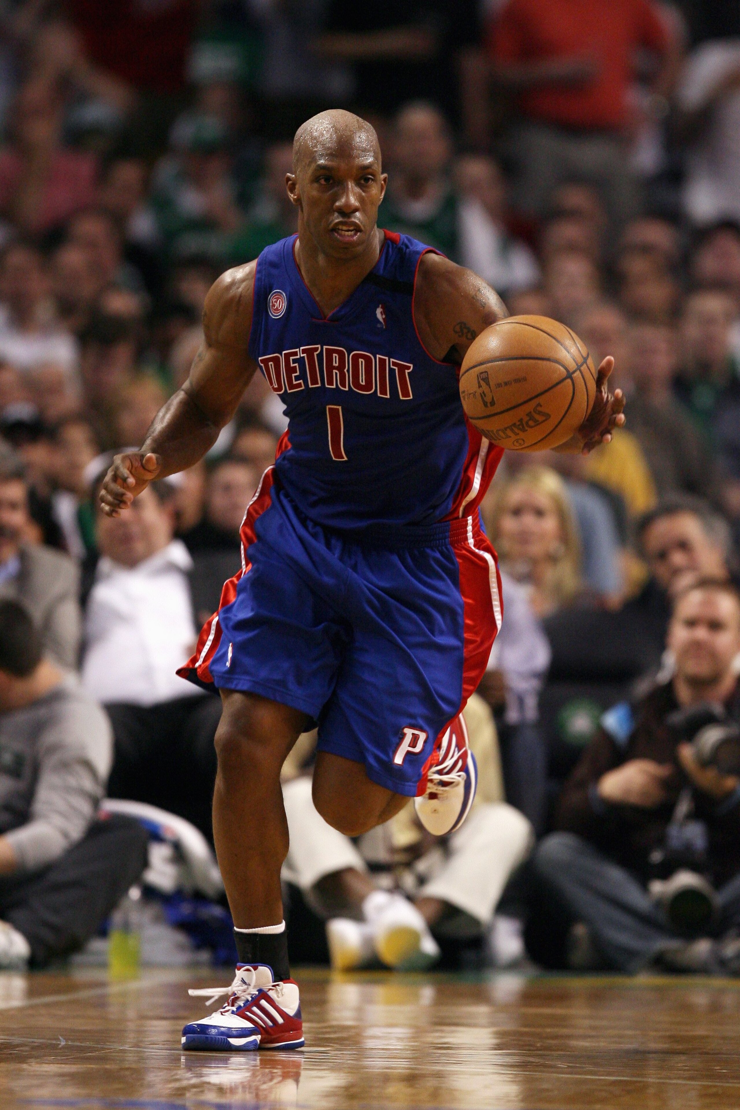 BOSTON - MAY 28:  Chauncey Billups #1 of the Detroit Pistons moves the ball up court in Game Five of the Eastern Conference Finals against the Boston Celtics during the 2008 NBA Playoffs at TD Banknorth Garden on May 28, 2008 in Boston, Massachusetts.  Th