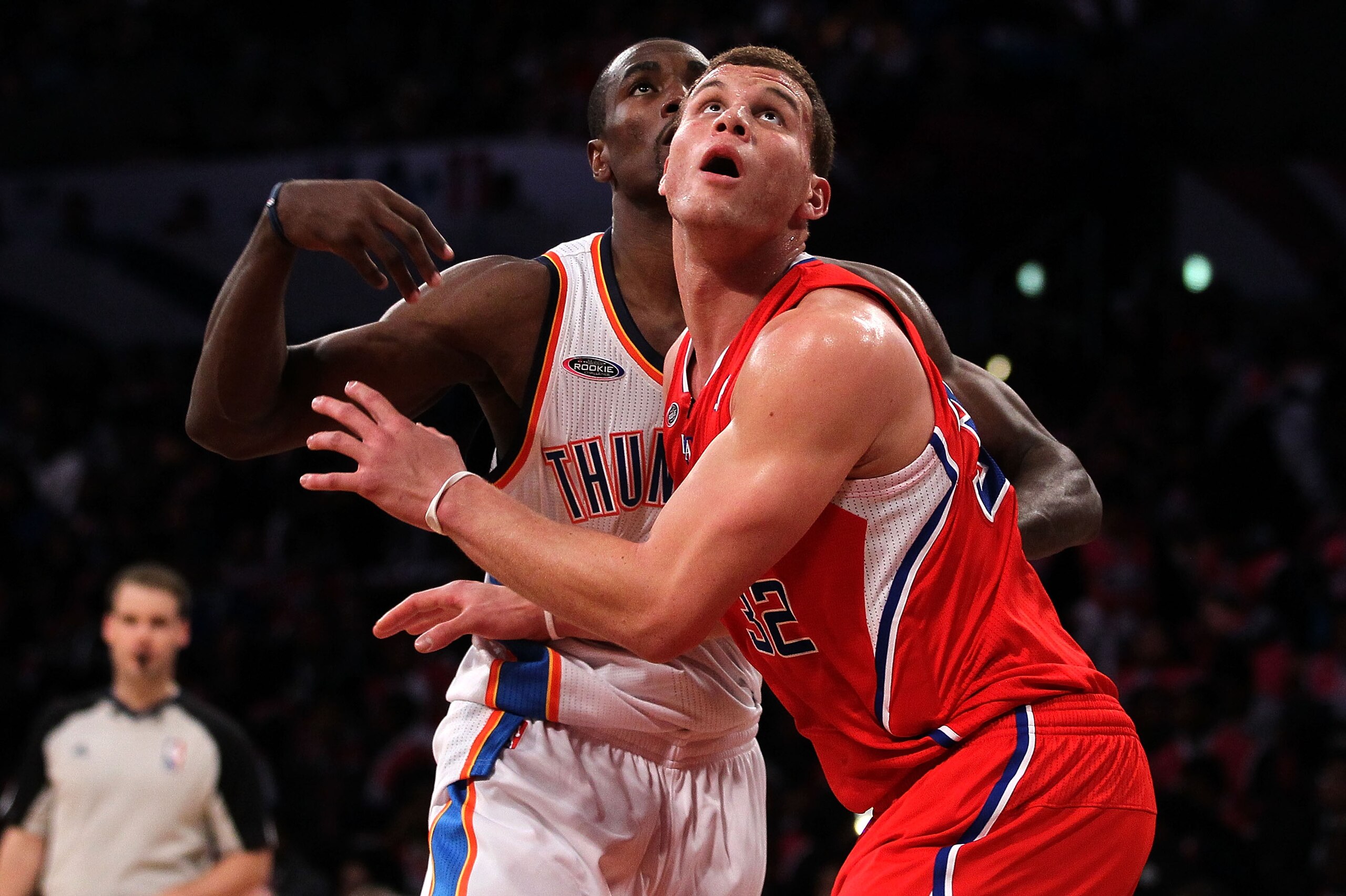 LOS ANGELES, CA - FEBRUARY 18:  Blake Griffin #32 of the Los Angeles Clippers and the Rookie Team and Serge Ibaka #9 of the Oklahoma City Thunder and the Sophomore Team battle for position during the T-Mobile Rookie Challenge and Youth Jam at Staples Cent