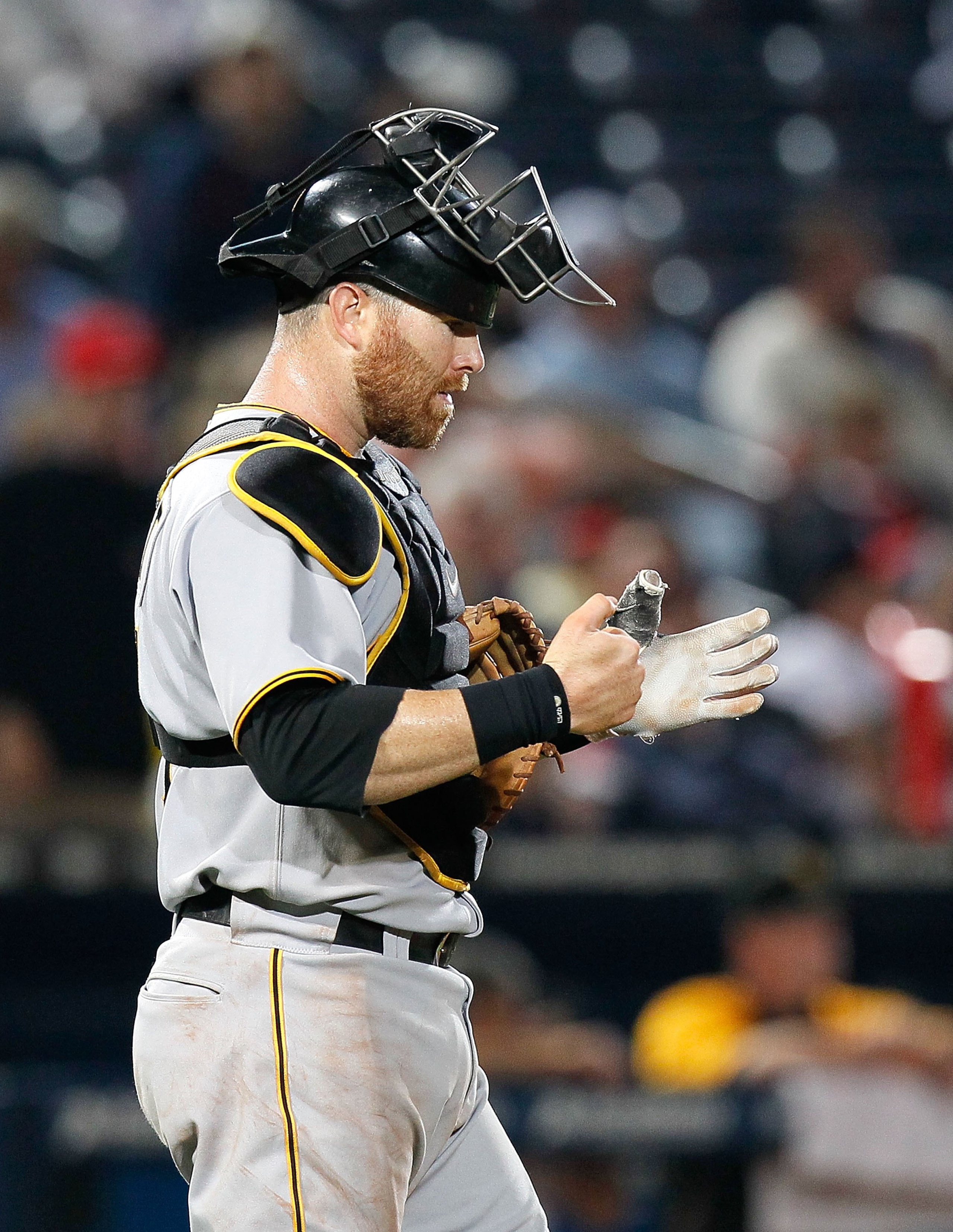 ATLANTA - MAY 28:  Catcher Ryan Doumit #4 of the Pittsburgh Pirates against the Atlanta Braves at Turner Field on May 28, 2010 in Atlanta, Georgia.  (Photo by Kevin C. Cox/Getty Images)