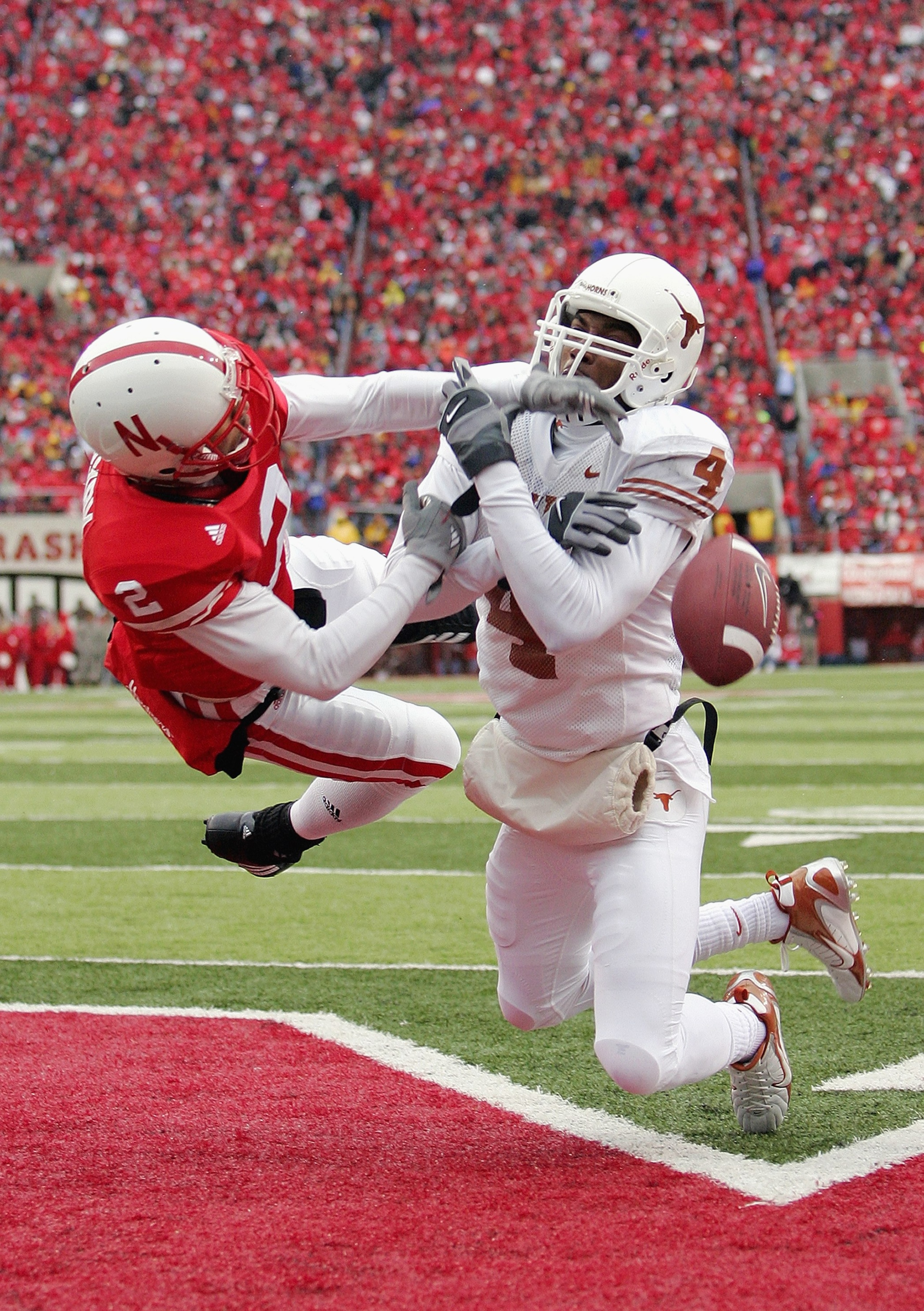 LINCOLN, NE - SEPTEMBER 21:  Cornerback Cortney Grixby #2 of the Nebraska Cornhuskers breaks up a pass in the endzone for Limas Sweed #4 of the Texas Longhorns on October 21, 2006 at Memorial Stadium in Lincoln, Nebraska. The Longhorns defeated the Cornhu