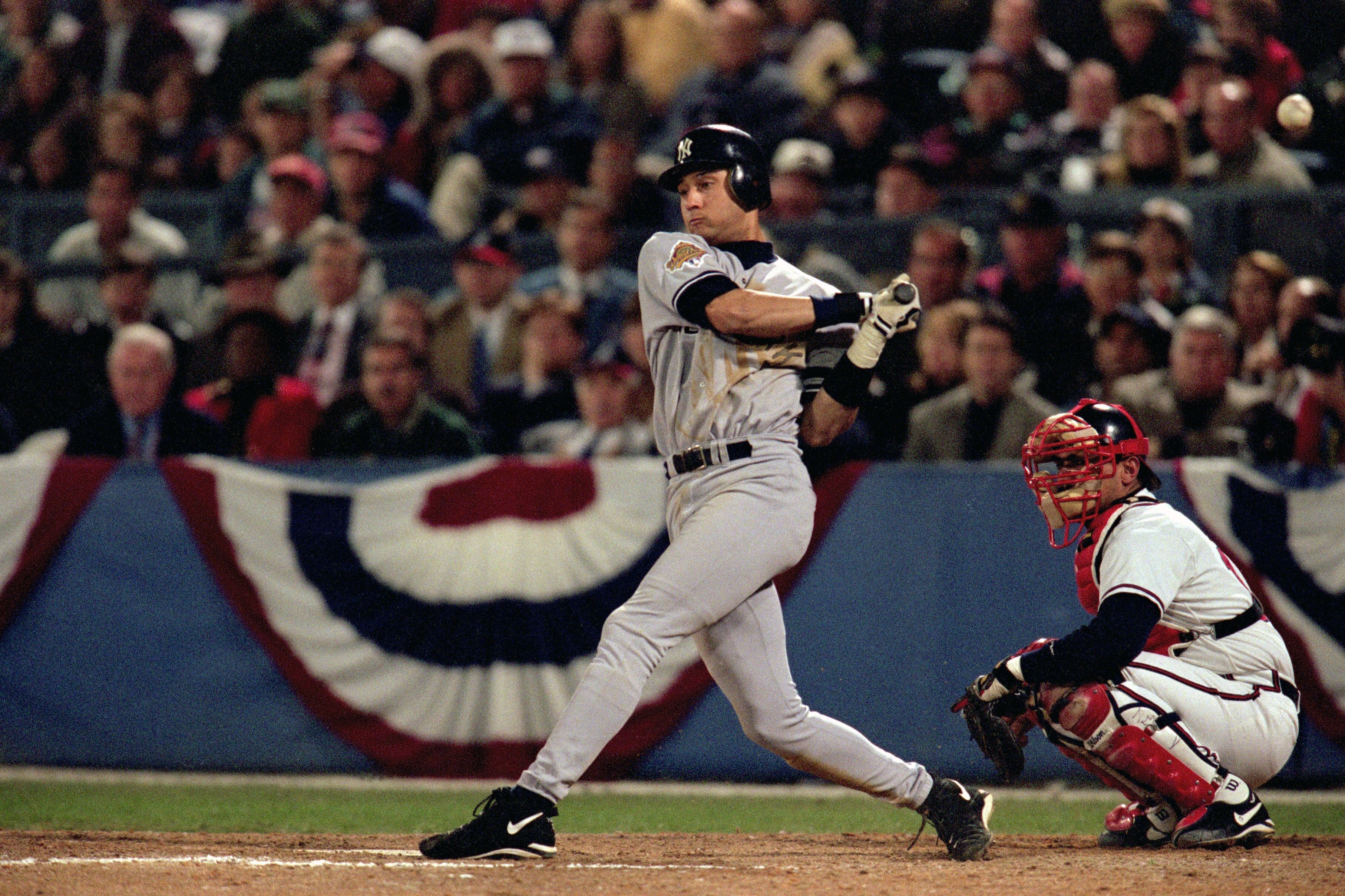 ATLANTA - OCTOBER 23:  Derek Jeter #2 of the New York Yankees swings at a pitch during Game four of the 1996 World Series against the Atlanta Braves at Atlanta-Fulton County Stadium on October 23, 1996 in Atlanta, Georgia. The Yankees defeated the Braves