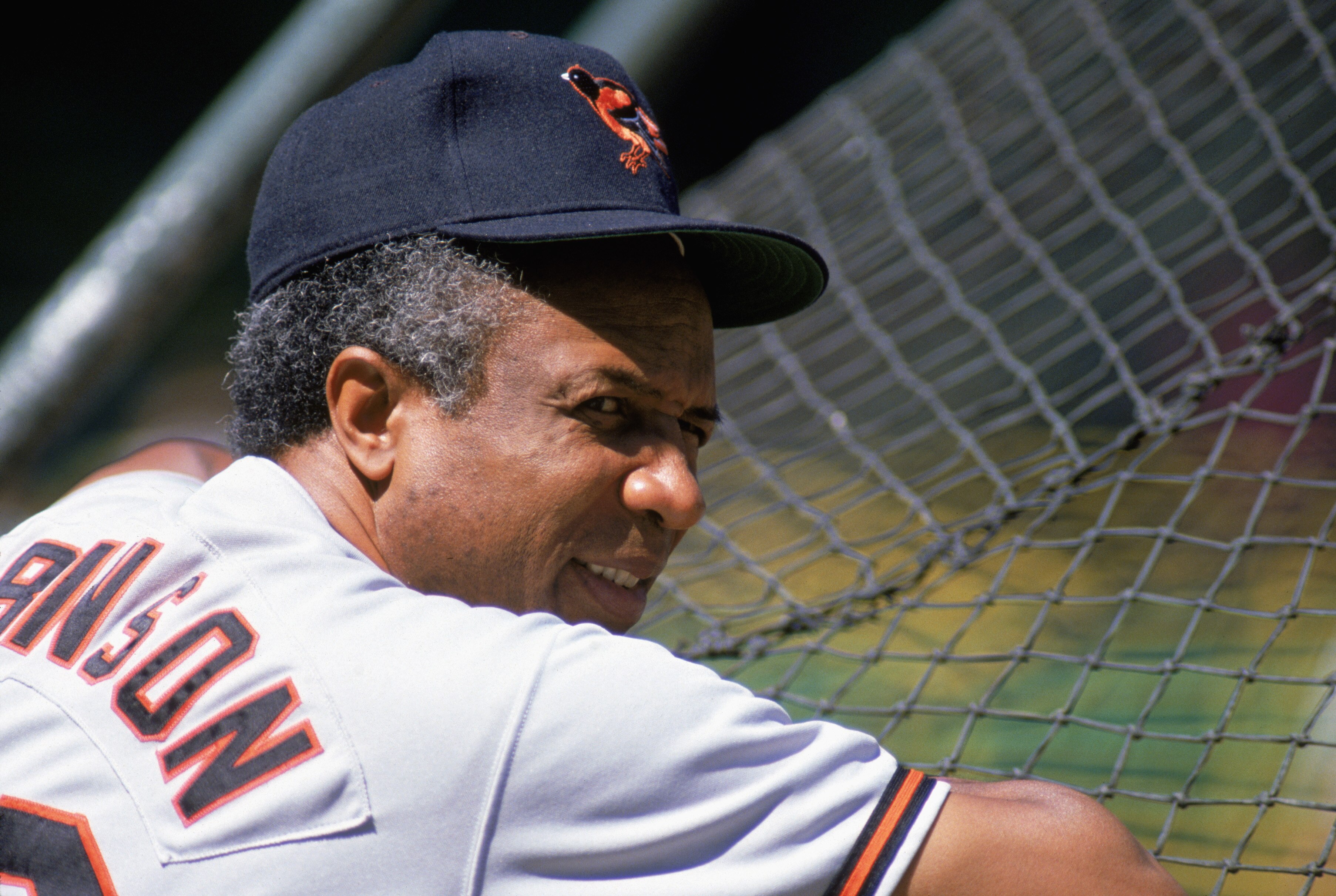 1989:  Manager Frank Robinson (the first black manager of MLB) of the Baltimore Orioles looks on during batting practice in the 1989 season. (Photo by: Jonathan Daniel/Getty Images)