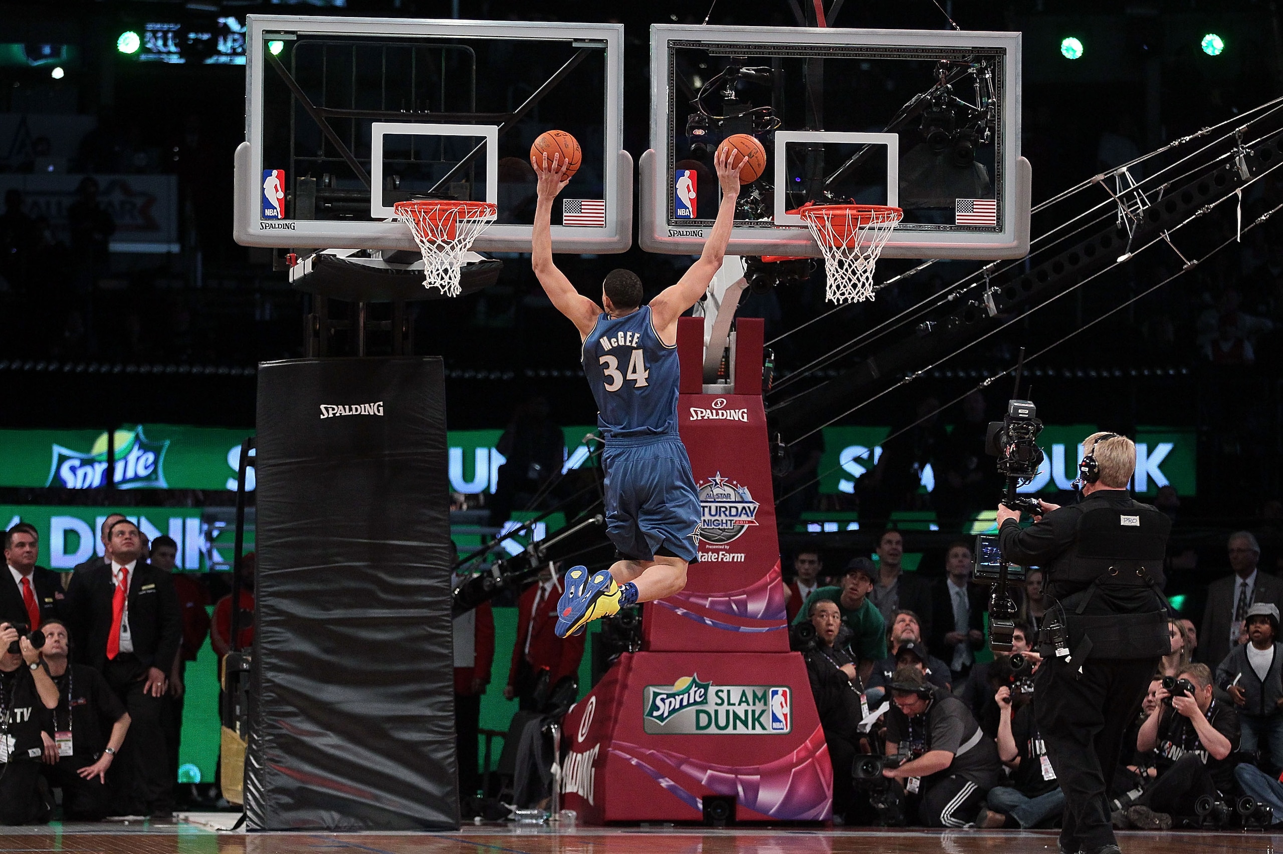 LOS ANGELES, CA - FEBRUARY 19:  JaVale McGee #34 of the Washington Wizards dunks two balls on the same jump in the first round of the Sprite Slam Dunk Contest apart of NBA All-Star Saturday Night at Staples Center on February 19, 2011 in Los Angeles, Cali