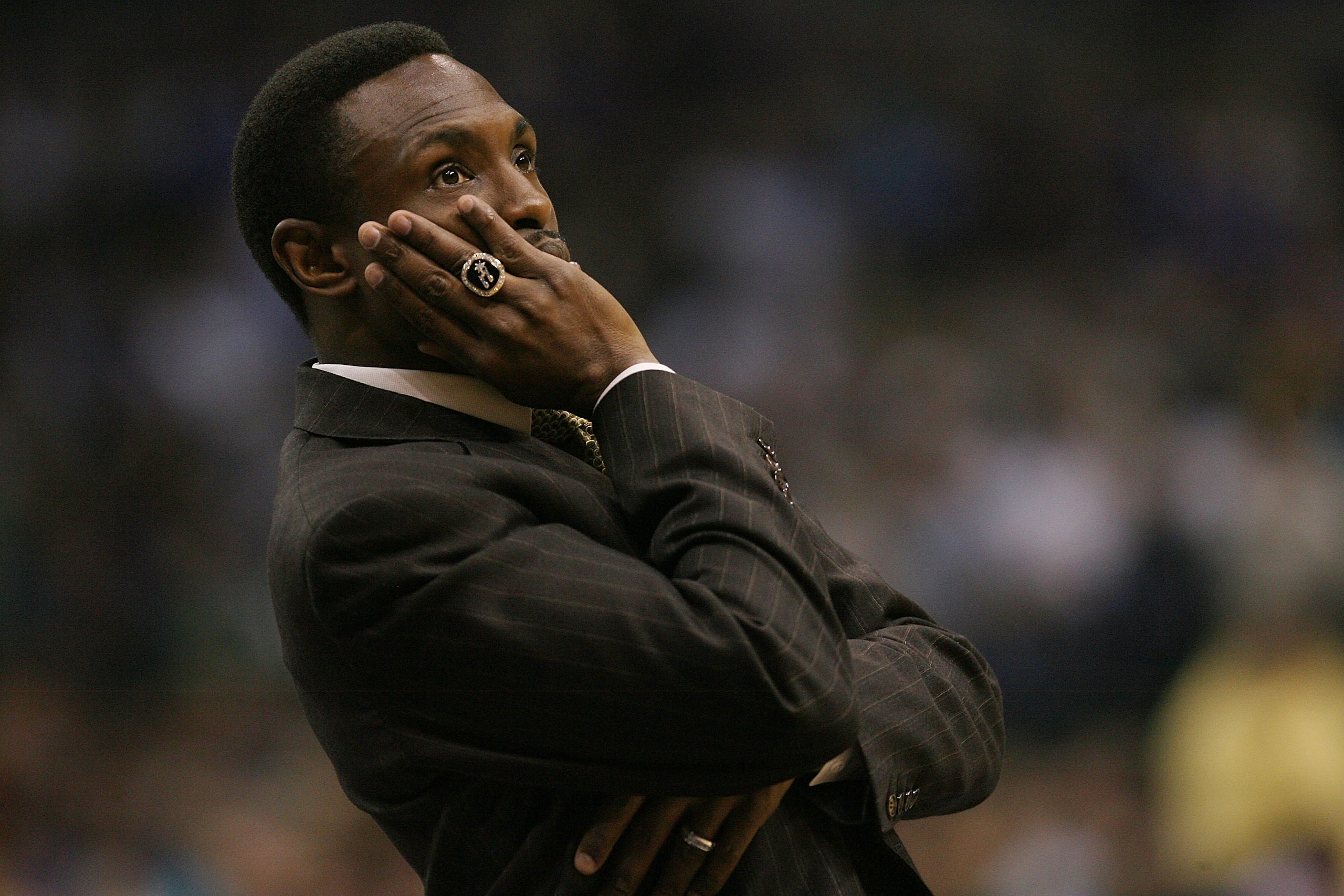 DALLAS - APRIL 27:  Head coach Avery Johnson of the Dallas Mavericks wears his NBA Championship ring with the San Antonio Spurs, during play with the New Orleans Hornets in Game Four of the Western Conference Quarterfinals during the 2008 NBA Playoffs at