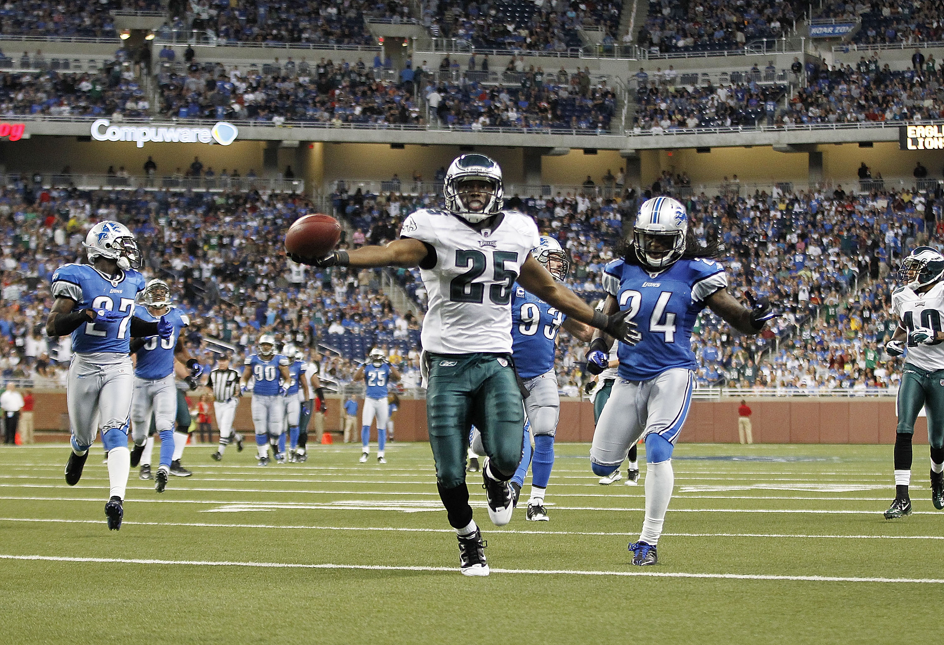 Philadelphia Eagles running back LeSean McCoy is greeted by wide receiver  teammate DeSean Jackson as they celebrate his third quarter touchdown and  his third game touchdown at Lincoln Financial Field December 18