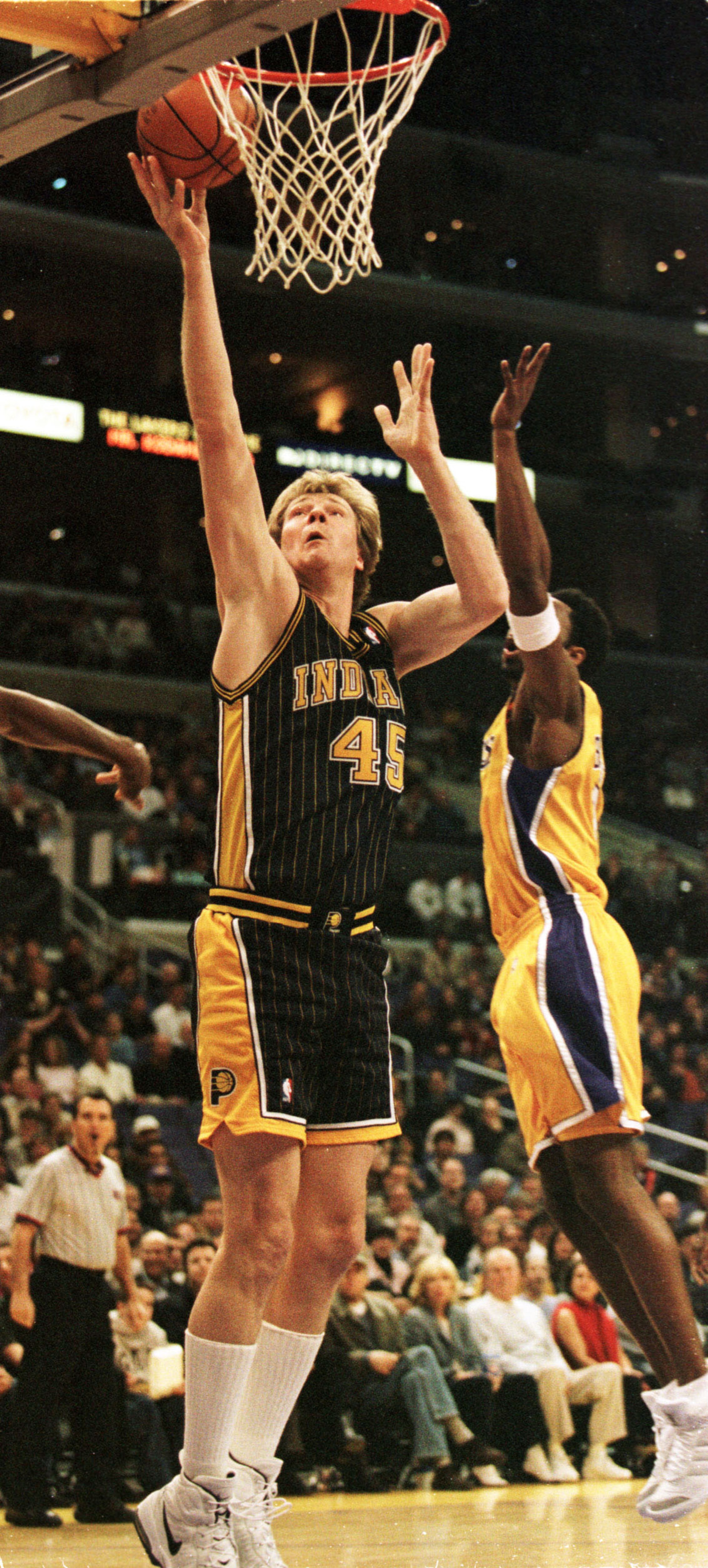 3 Mar 2000:  Rik Smits #45 of the Indiana Pacers goes up for a layup during a game against the Los Angeles Lakers at the Staples Center in Los Angeles, California. Mandatory Credit: Jeff Gross/ALLSPORT