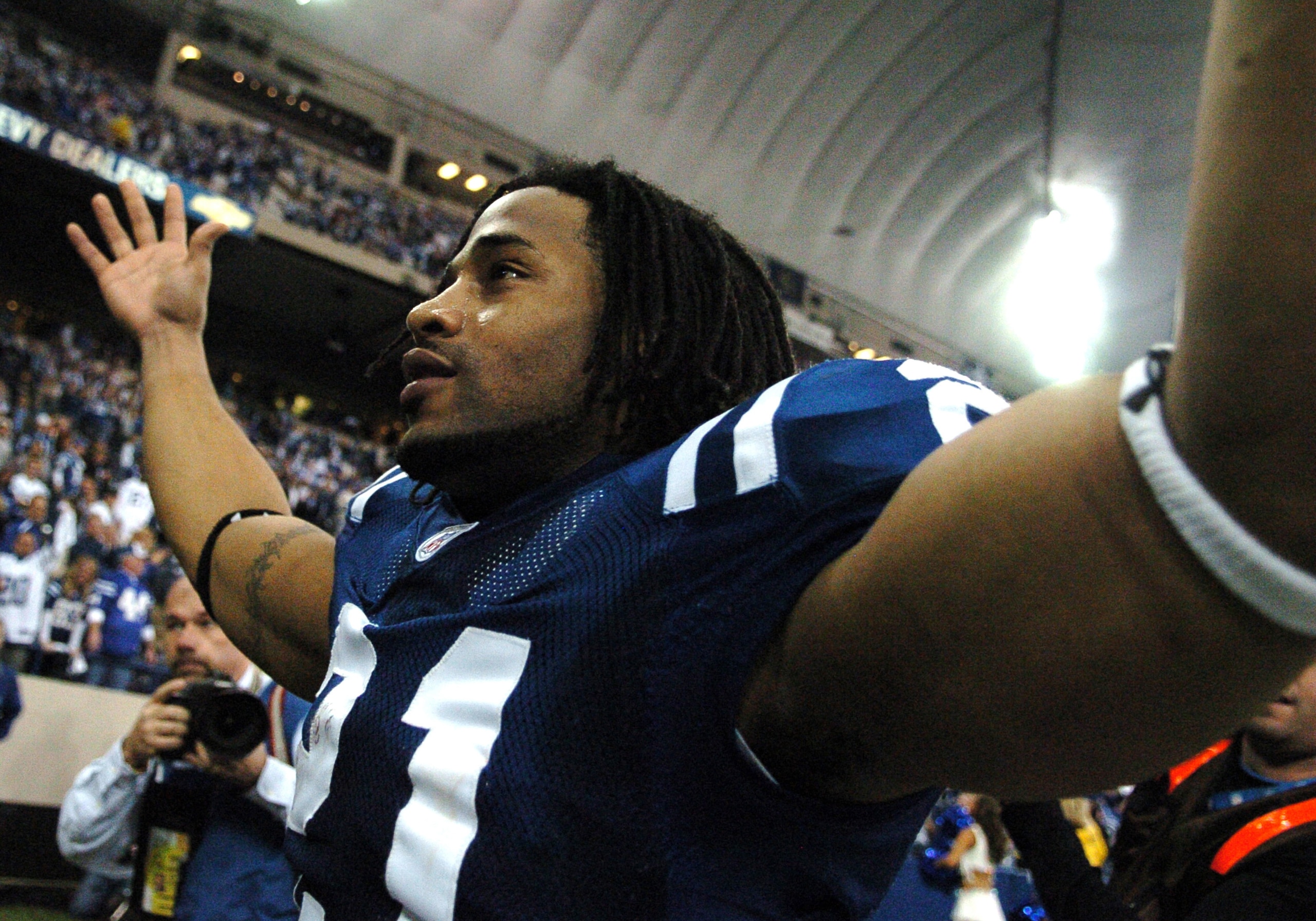 Indianapolis Colts defensive back Bob Sanders celebrates a victory against the Kansas City Chiefs in Wild Card Playoff action on January 6, 2007 at the RCA Dome in Indianapolis, Indiana. Sanders had an interception and the Colts won 23 - 8.  (Photo by Al