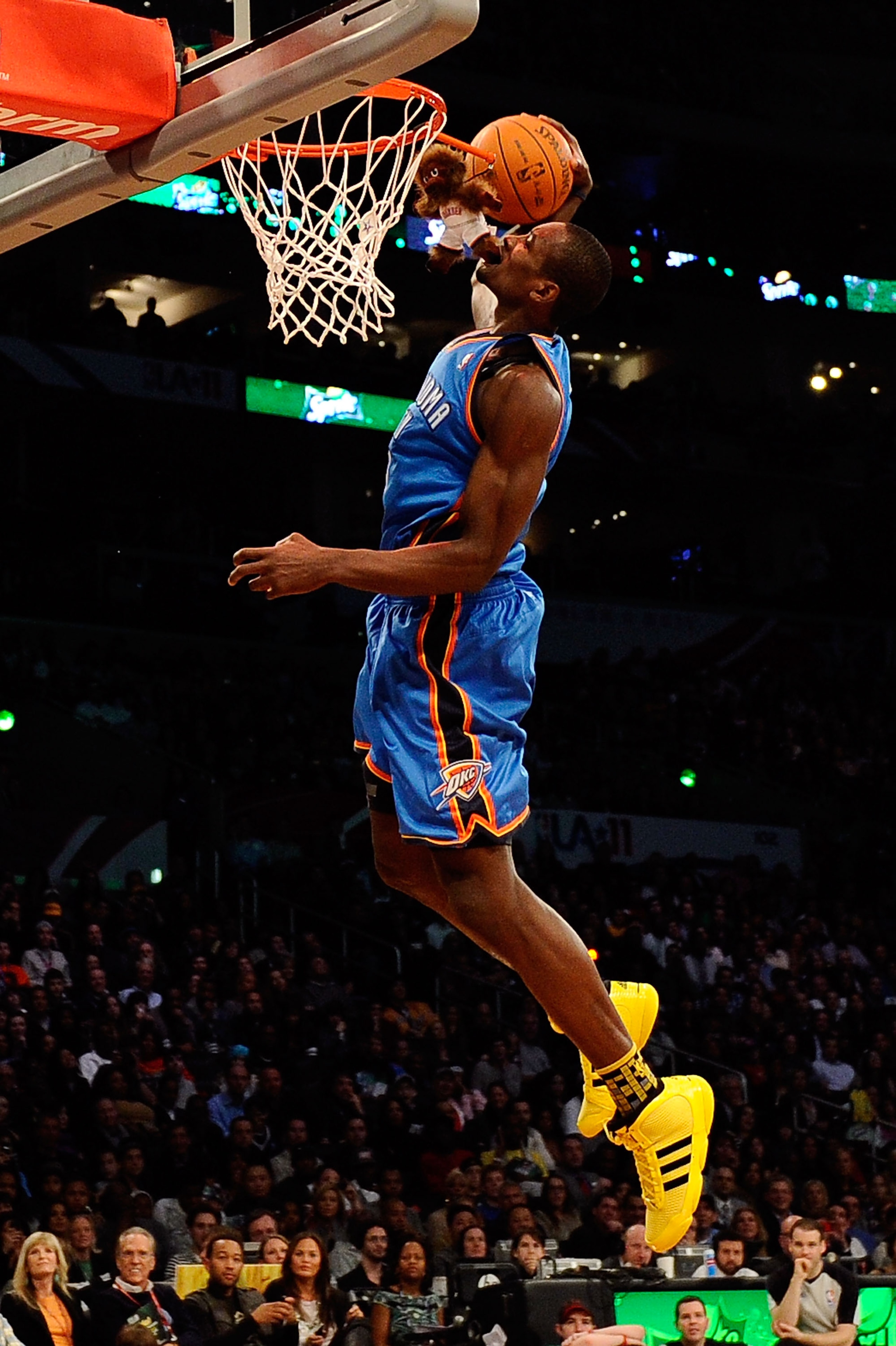 LOS ANGELES, CA - FEBRUARY 19:  Serge Ibaka #9 of the Oklahoma City Thunder dunks the ball after he grabs a stuffed animal with his mouth in the Sprite Slam Dunk Contest apart of NBA All-Star Saturday Night at Staples Center on February 19, 2011 in Los An