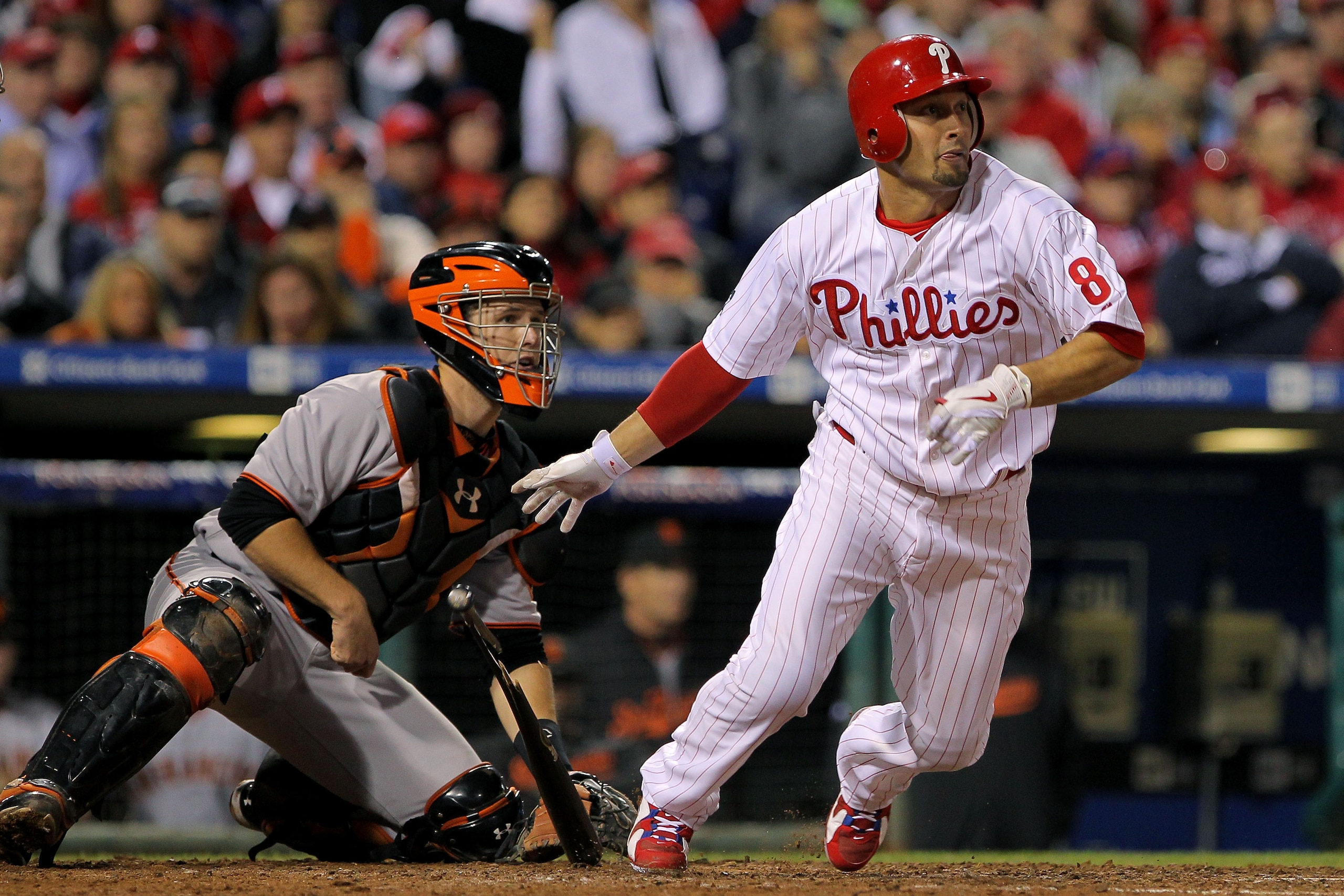 PHILADELPHIA - OCTOBER 23:  Shane Victorino #8 of the Philadelphia Phillies hits a single in the eighth against the San Francisco Giants in Game Six of the NLCS during the 2010 MLB Playoffs at Citizens Bank Park on October 23, 2010 in Philadelphia, Pennsy