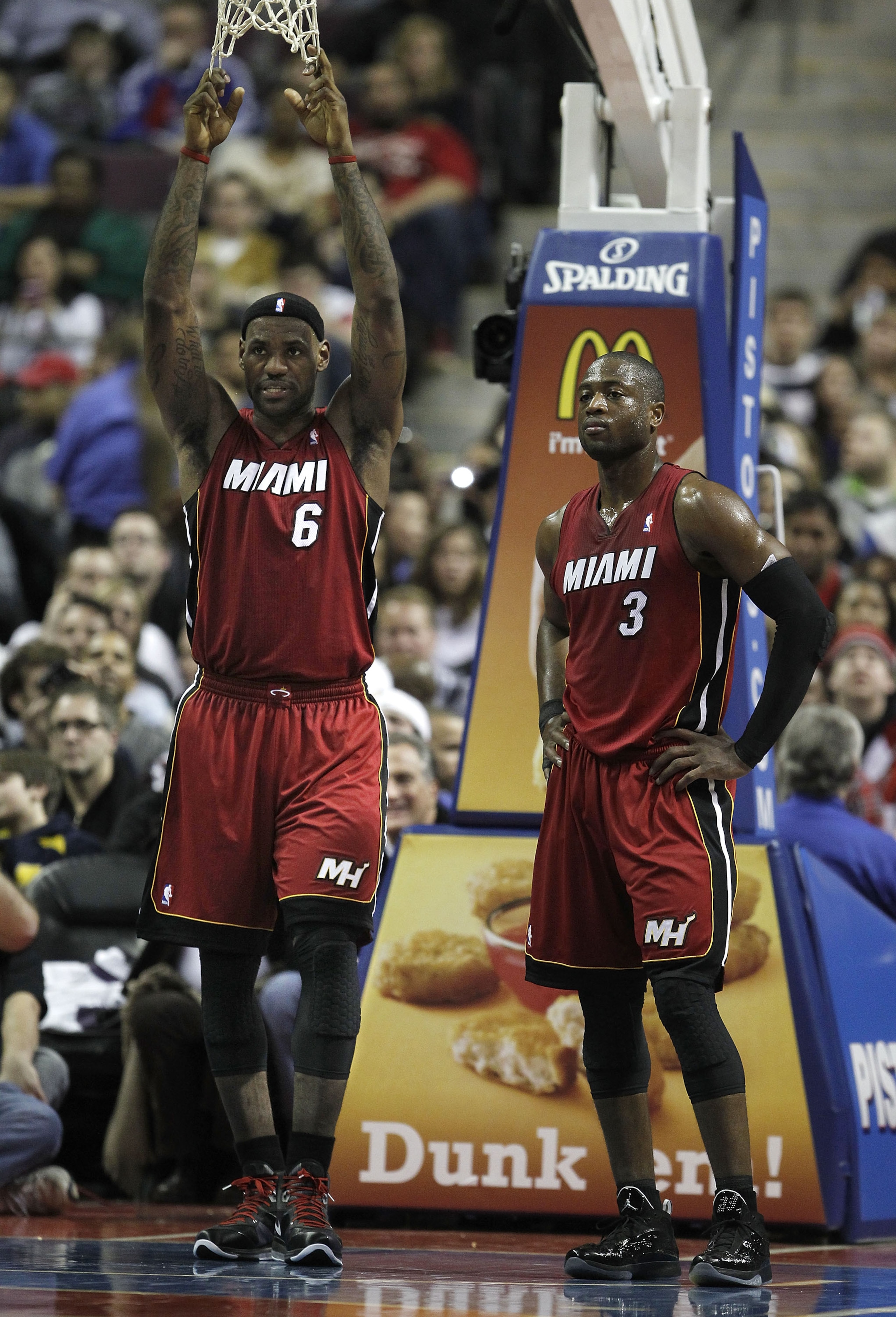 AUBURN HILLS, MI - FEBRUARY 11:  LeBron James #6 and Dwyane Wade #3 of the Miami Heat look on while playing the Detroit Pistons at The Palace of Auburn Hills on February 11, 2011 in Auburn Hills, Michigan. Miami won the game 106-92. NOTE TO USER: User exp