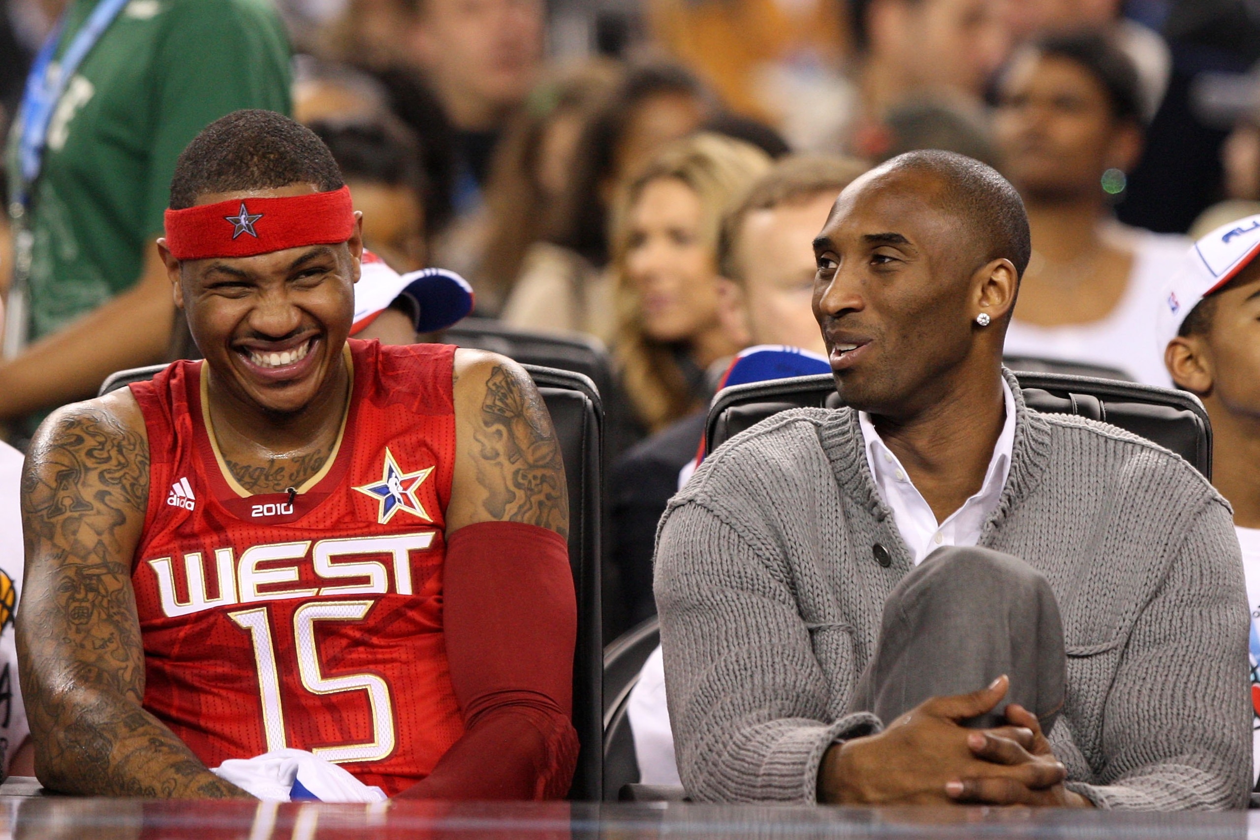 ARLINGTON, TX - FEBRUARY 14:  (L-R) Carmelo Anthony #15 and Kobe Bryant #24 of the Western Conference share a laugh during the NBA All-Star Game, part of 2010 NBA All-Star Weekend at Cowboys Stadium on February 14, 2010 in Arlington, Texas. The Eastern Co