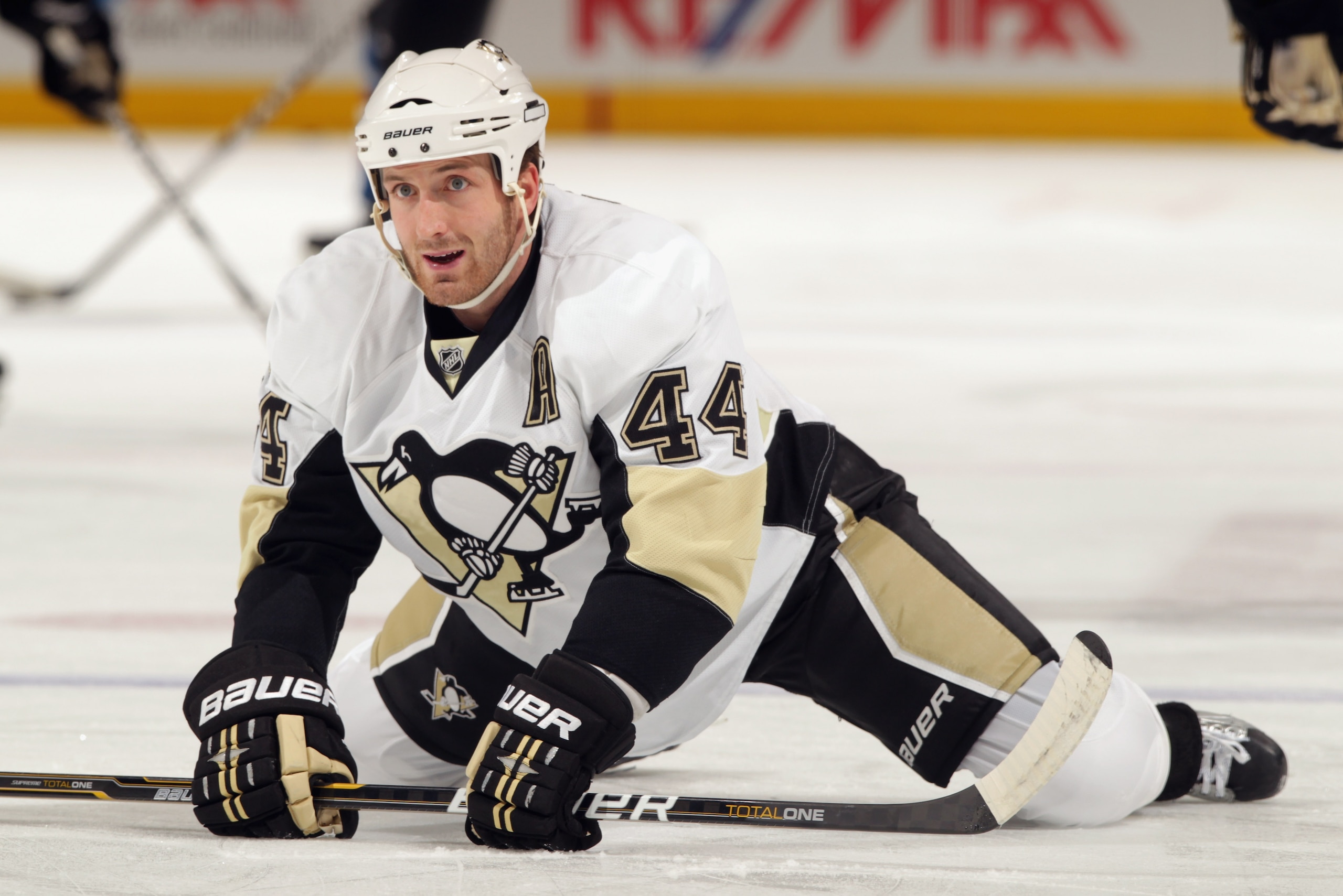 DENVER, CO - FEBRUARY 16:  Brooks Orpik #44 of the Pittsburgh Penguins warms up prior to facing the Colorado Avalanche at the Pepsi Center on February 16, 2011 in Denver, Colorado. The Penguins defeated the Avalanche 3-2 in overtime.  (Photo by Doug Pensi