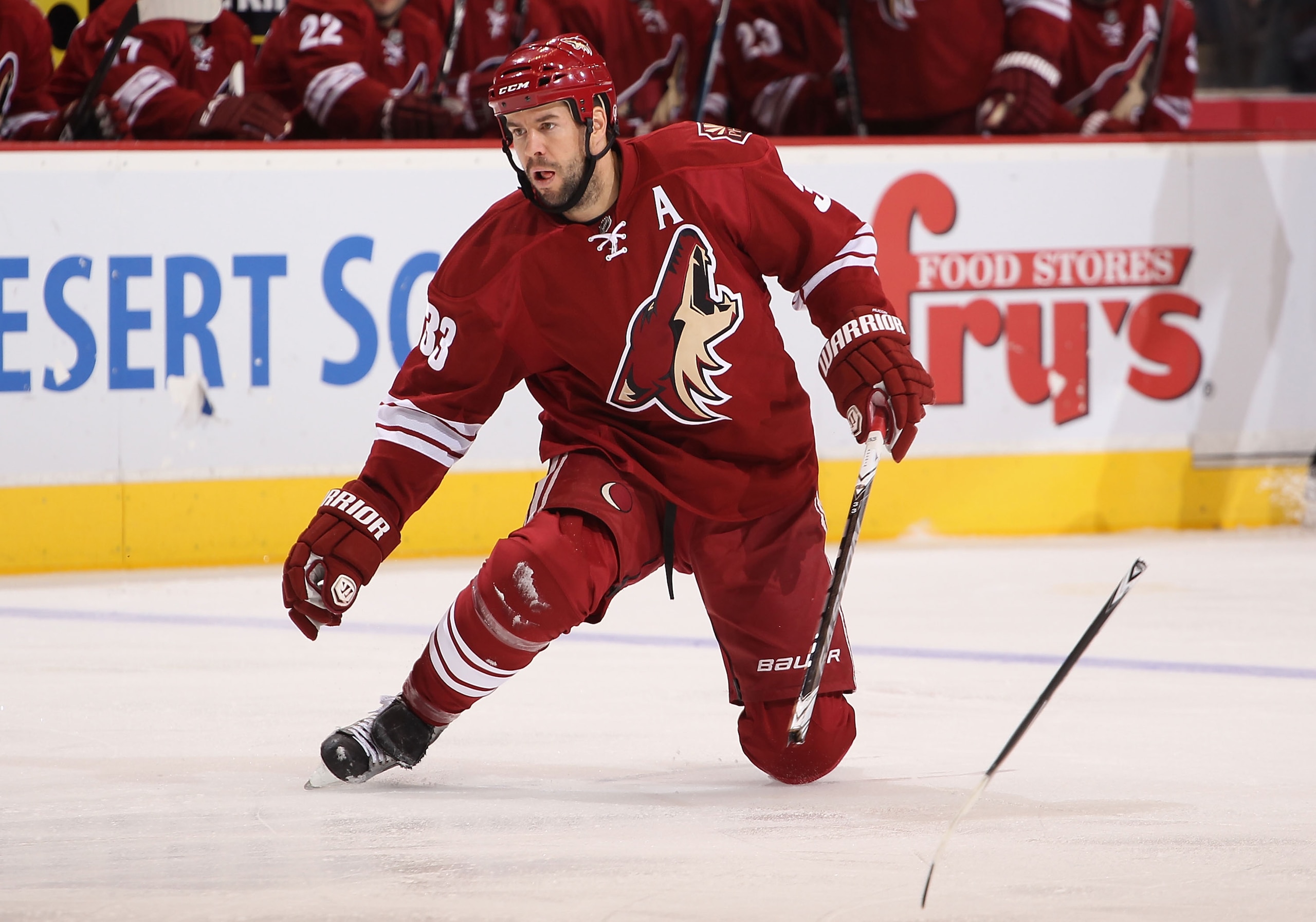 GLENDALE, AZ - JANUARY 22:  Adrian Aucoin #33 of the Phoenix Coyotes breaks his stick after a shot against the Los Angeles Kings during the NHL game at Jobing.com Arena on January 22, 2011 in Glendale, Arizona.  (Photo by Christian Petersen/Getty Images)