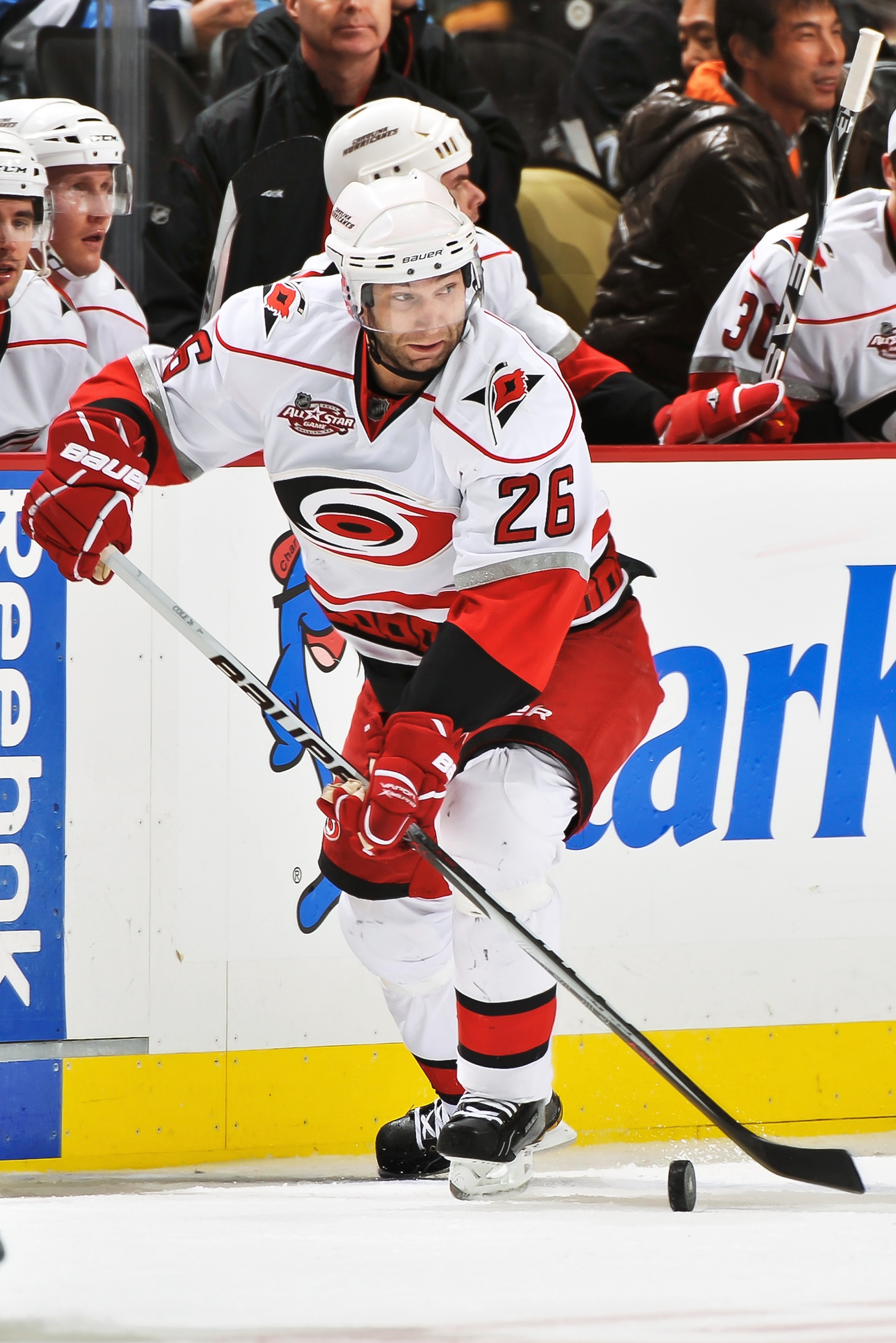 PITTSBURGH - NOVEMBER 19:  Erik Cole #26 of the Carolina Hurricanes skates with the puck against the Pittsburgh Penguins on November 19, 2010 at Consol Energy Center in Pittsburgh, Pennsylvania.  (Photo by Jamie Sabau/Getty Images)