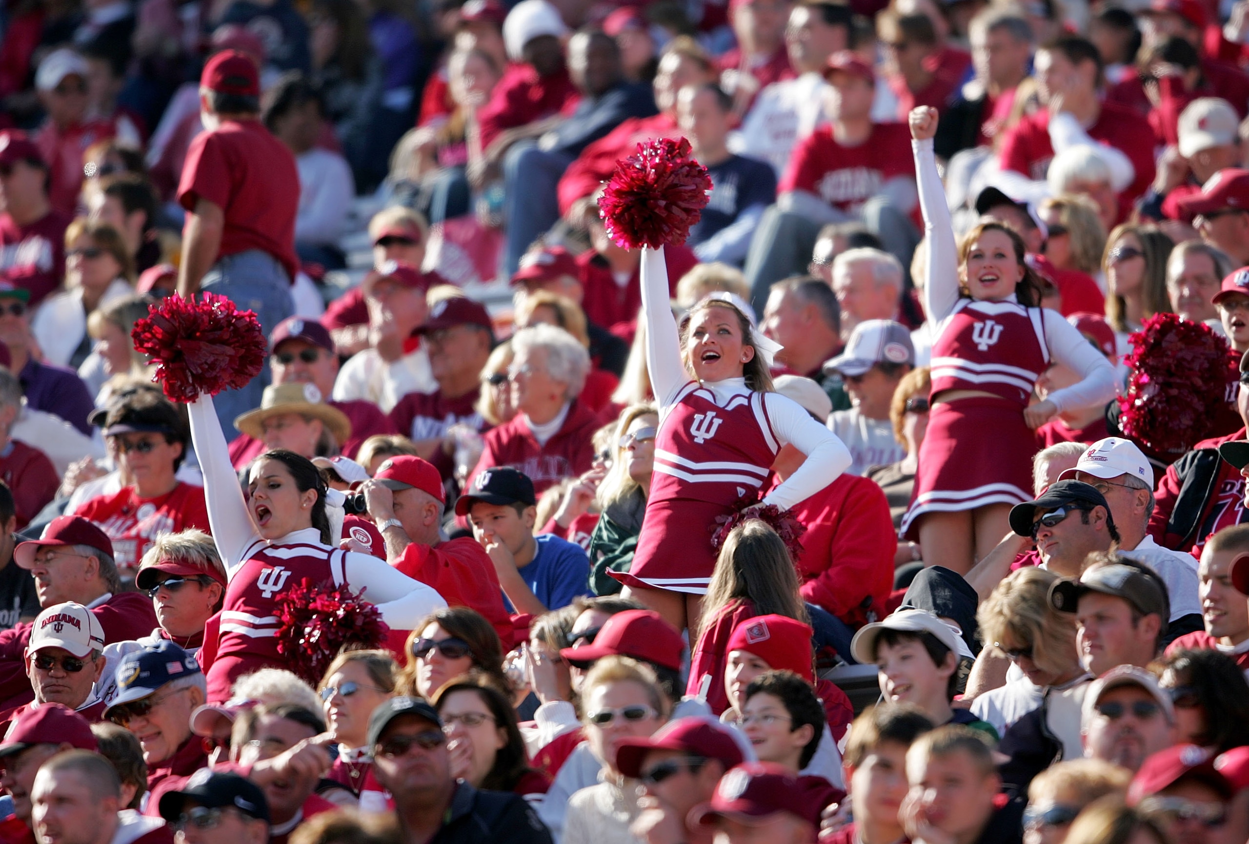 BLOOMINGTON, IN - NOVEMBER 3:  The Indiana Hoosiers cheerleaders lead cheers in the crowd during the game against the Ball State Cardinals at Memorial Stadium November 3, 2007 in Bloomington, Indiana.  (Photo by Andy Lyons/Getty Images)