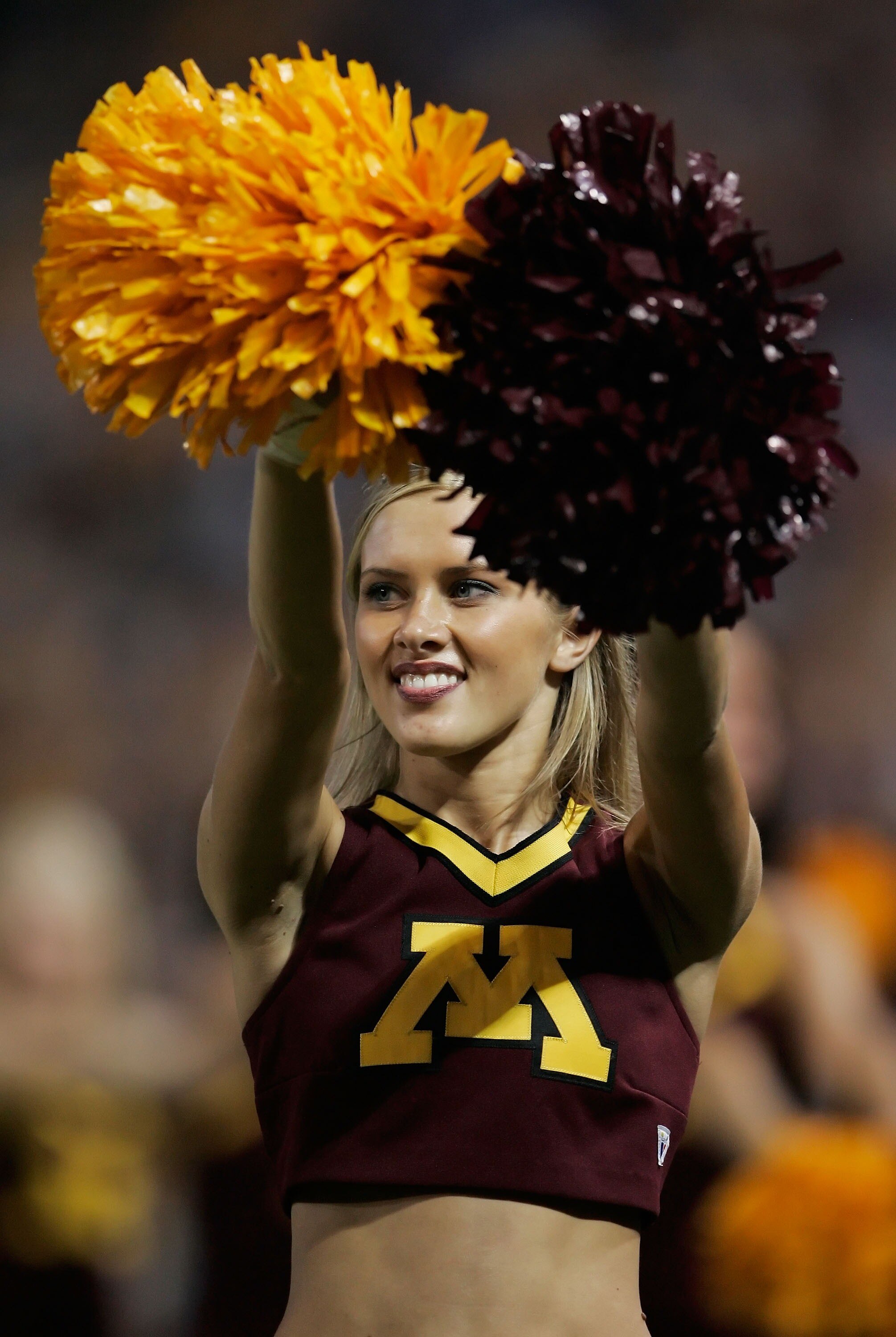 MINNEAPOLIS, MN - SEPTEMBER 29:  A Minnesota Golden Gophers cheerleader looks on during the game against the Ohio State Buckeyes at the Metrodome on September 29, 2007 in Minneapolis, Minnesota. Ohio State defeated Minnesota 30-7.  (Photo by Jeff Gross/Ge